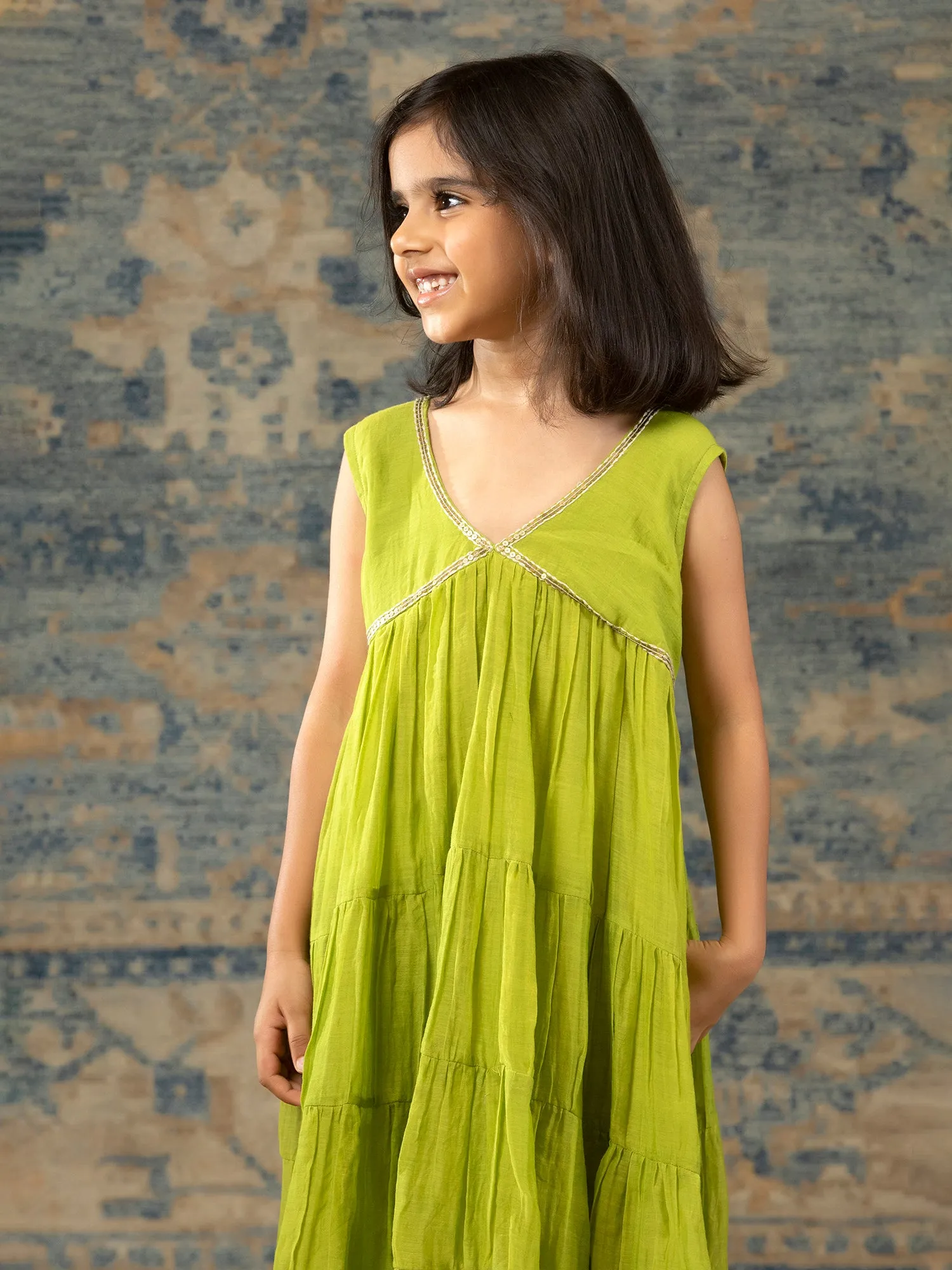 Green Chanderi Dress with Embroidery detailing - Girls