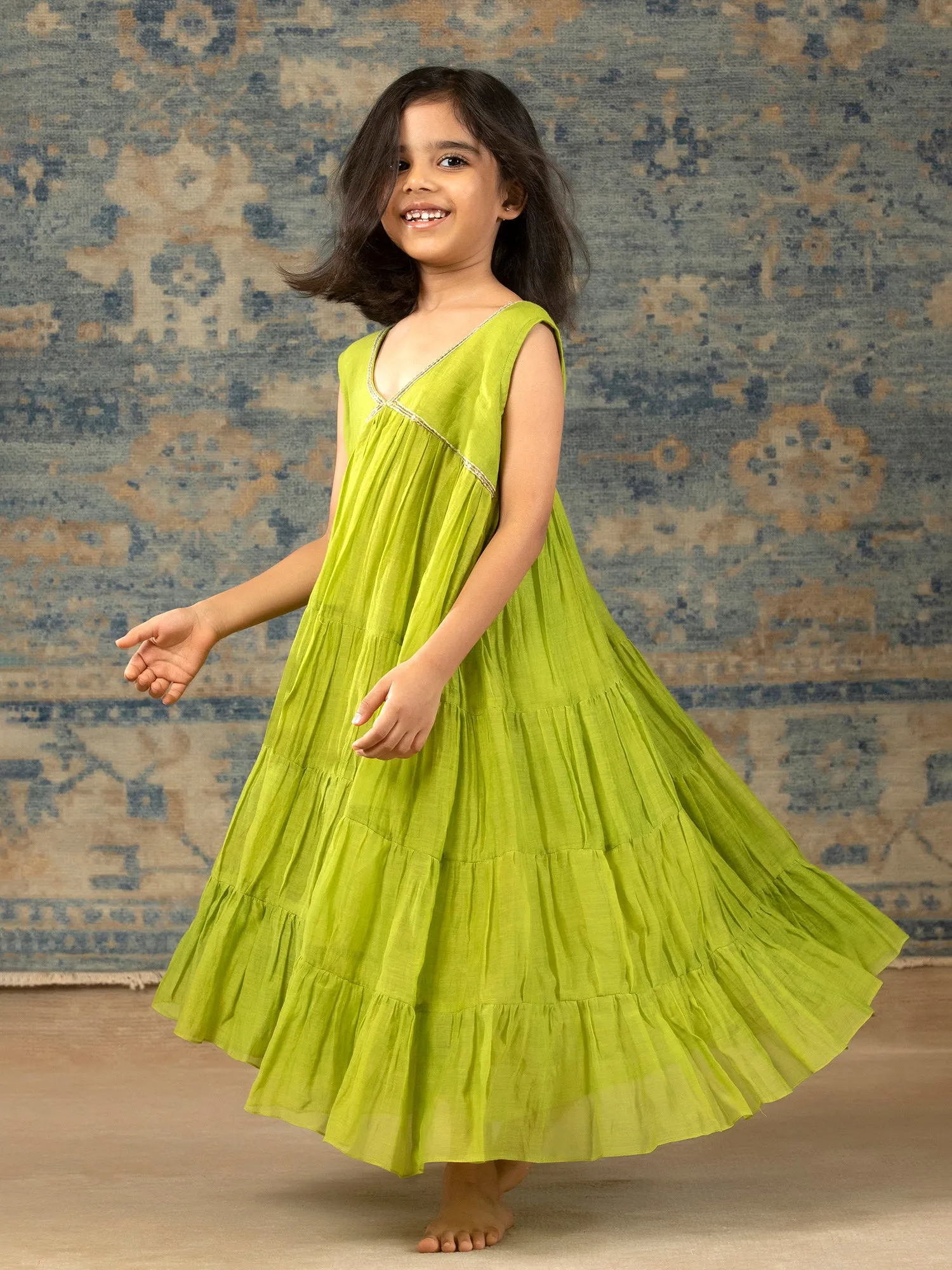 Green Chanderi Dress with Embroidery detailing - Girls