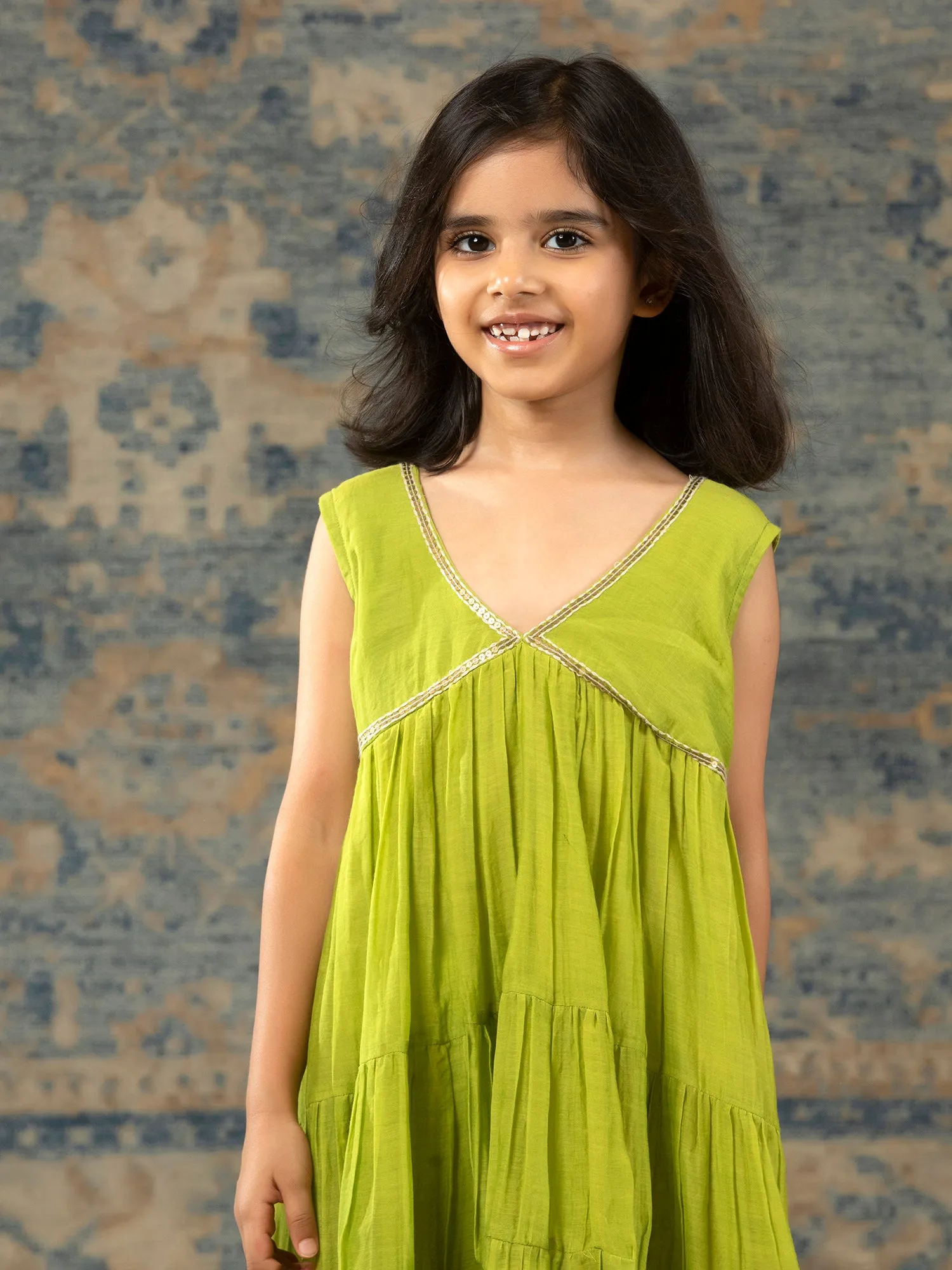 Green Chanderi Dress with Embroidery detailing - Girls