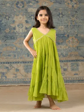 Green Chanderi Dress with Embroidery detailing - Girls