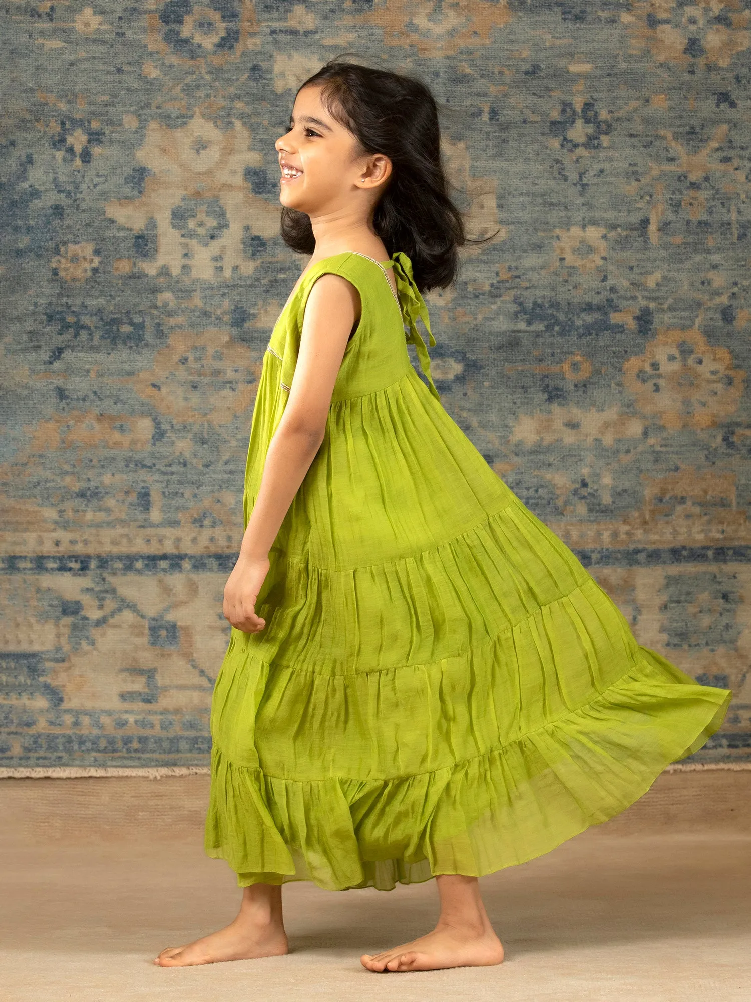 Green Chanderi Dress with Embroidery detailing - Girls