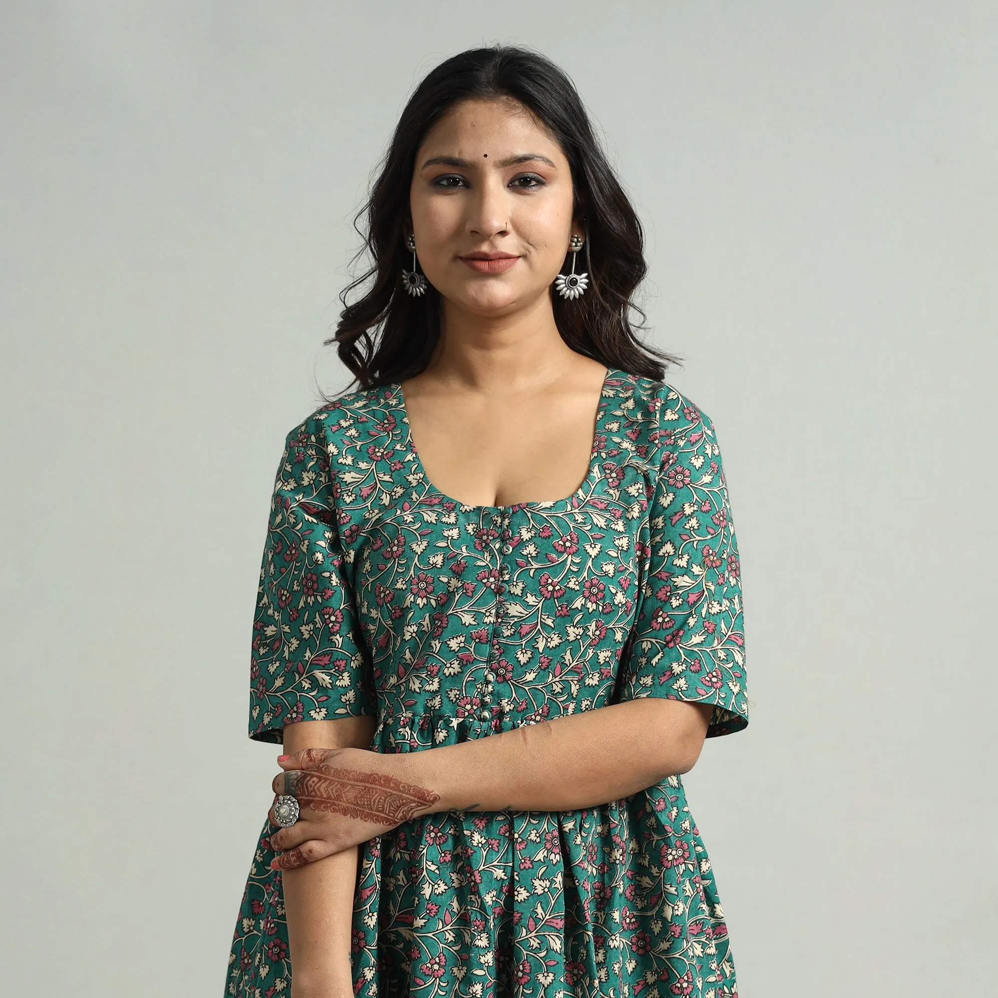 Green - Kalamkari Printed Cotton Flared Gher Dress