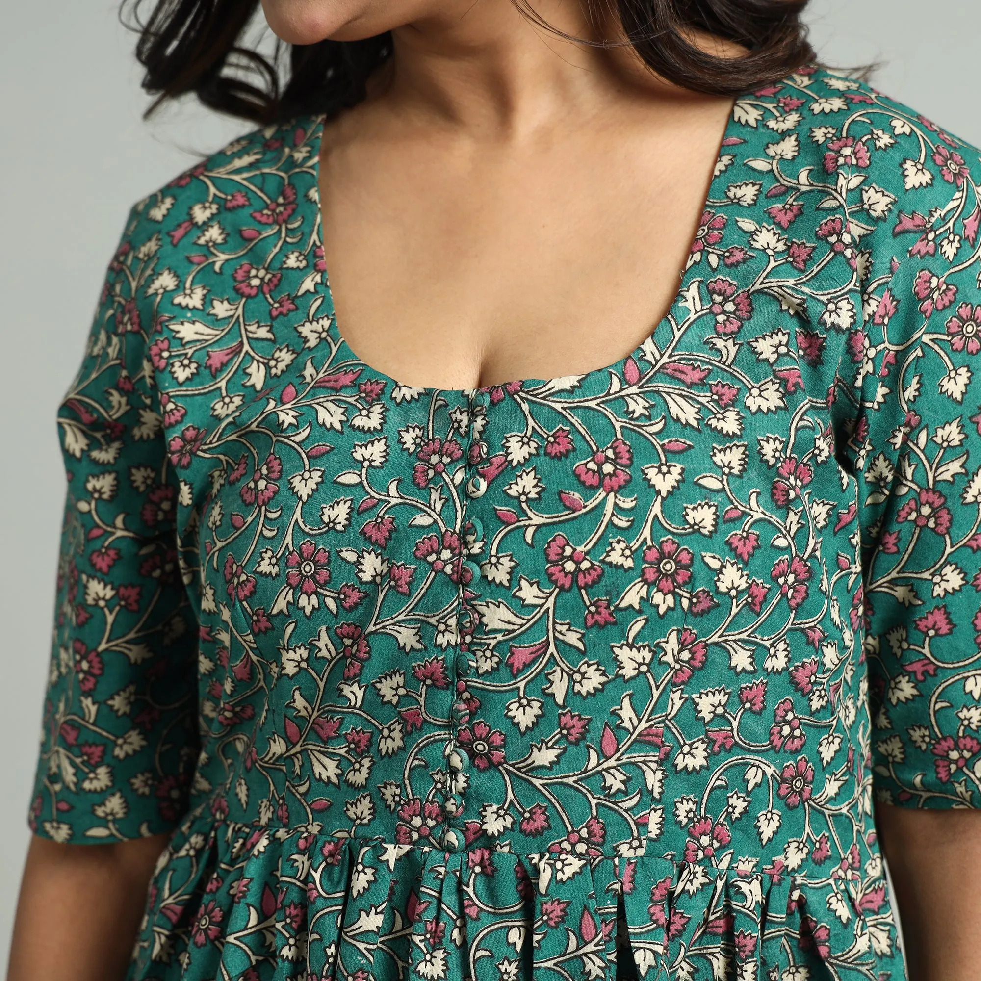 Green - Kalamkari Printed Cotton Flared Gher Dress