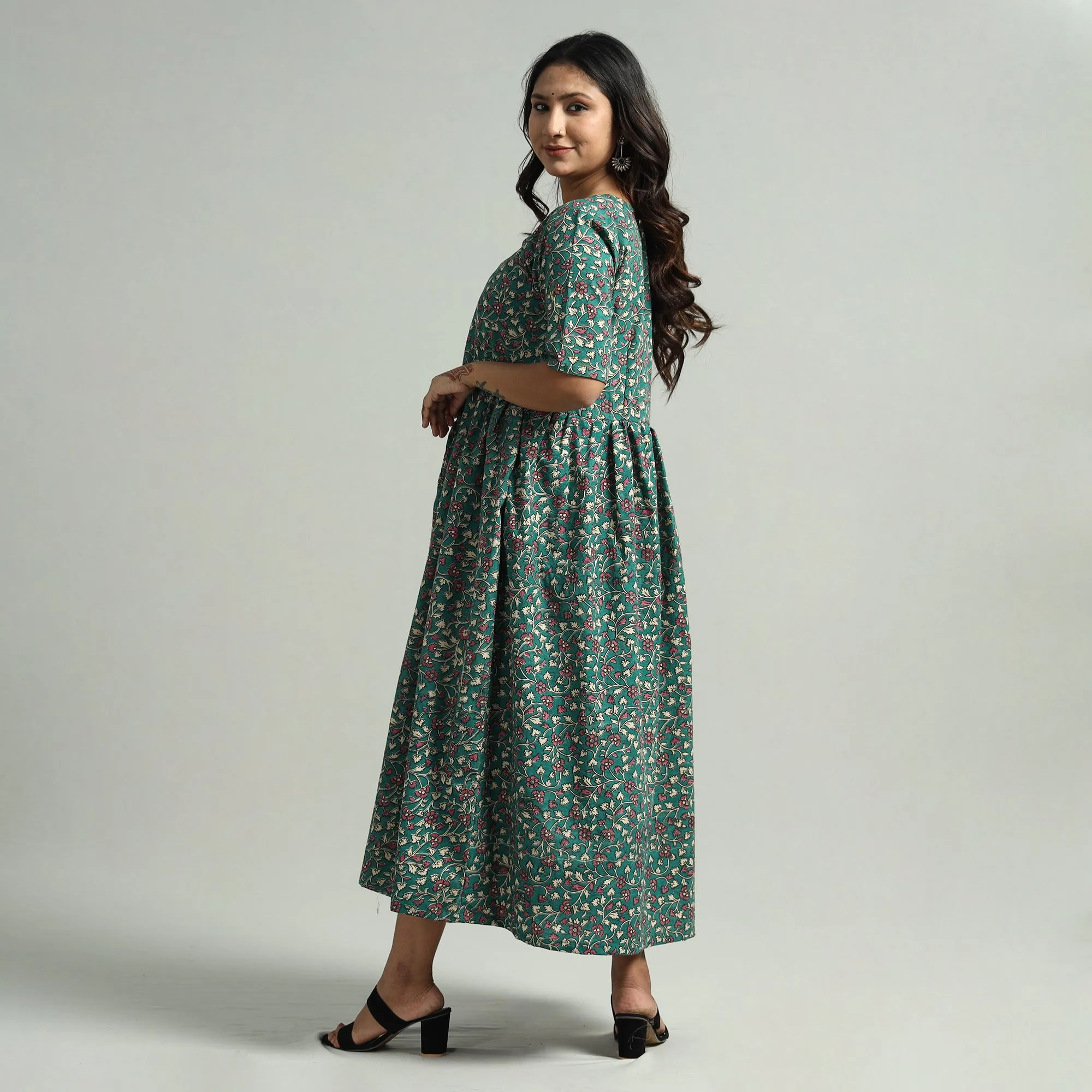 Green - Kalamkari Printed Cotton Flared Gher Dress