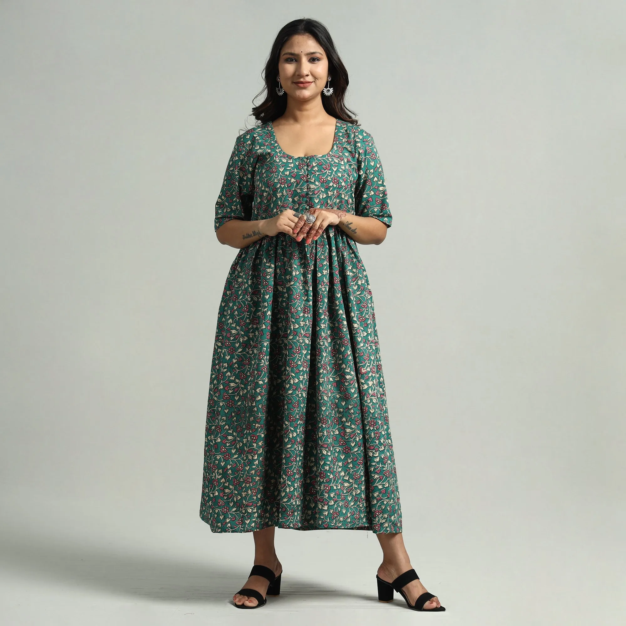 Green - Kalamkari Printed Cotton Flared Gher Dress