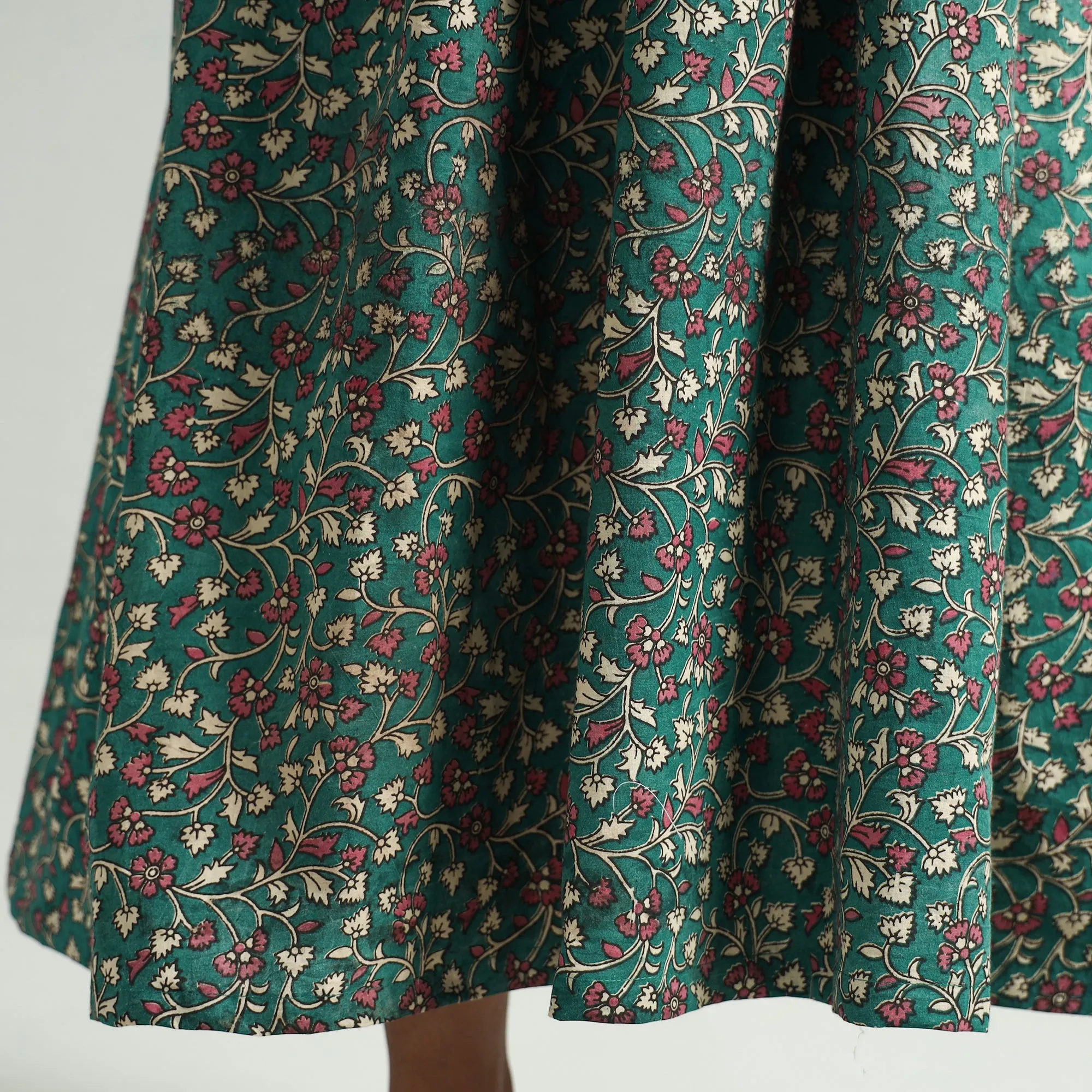 Green - Kalamkari Printed Cotton Flared Gher Dress