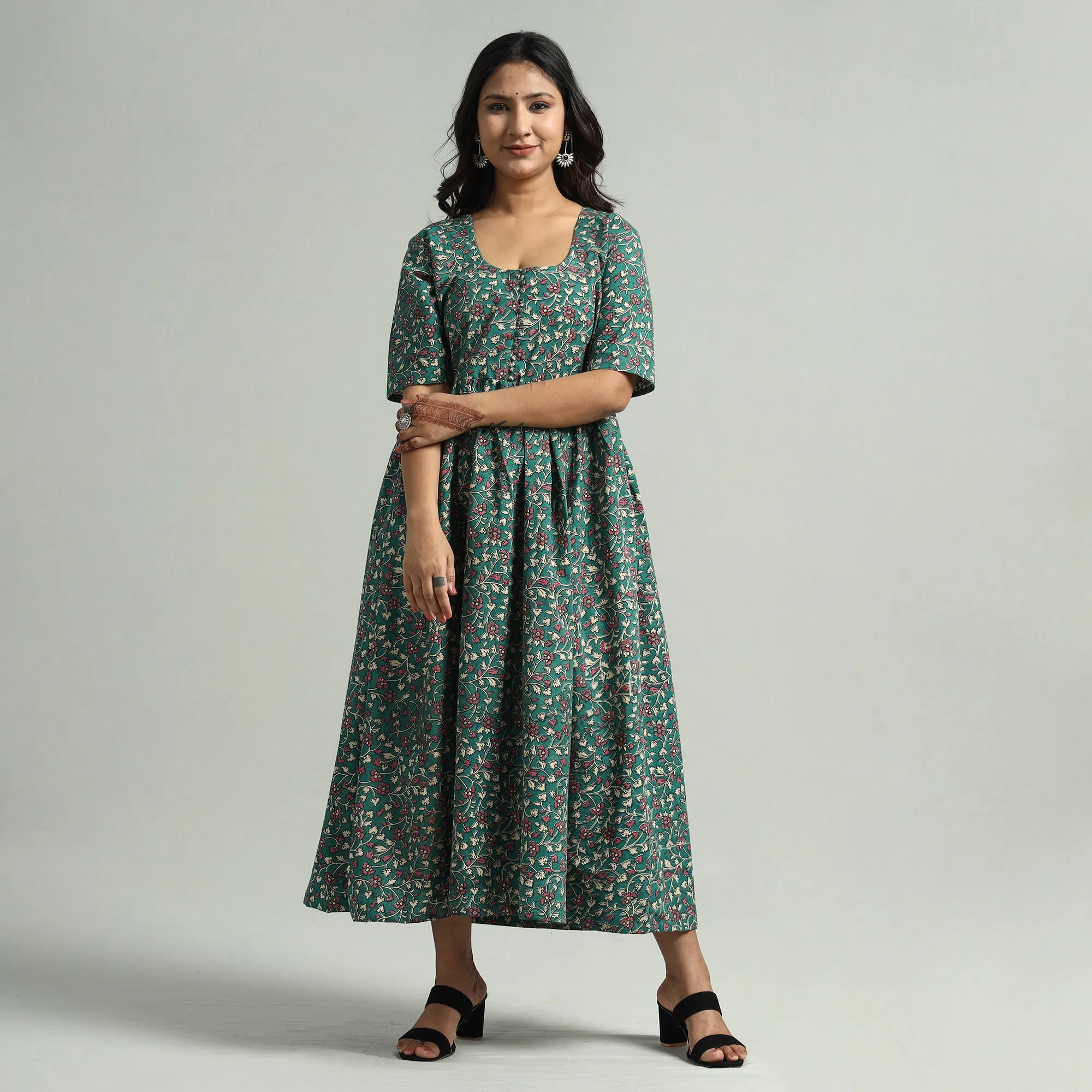 Green - Kalamkari Printed Cotton Flared Gher Dress