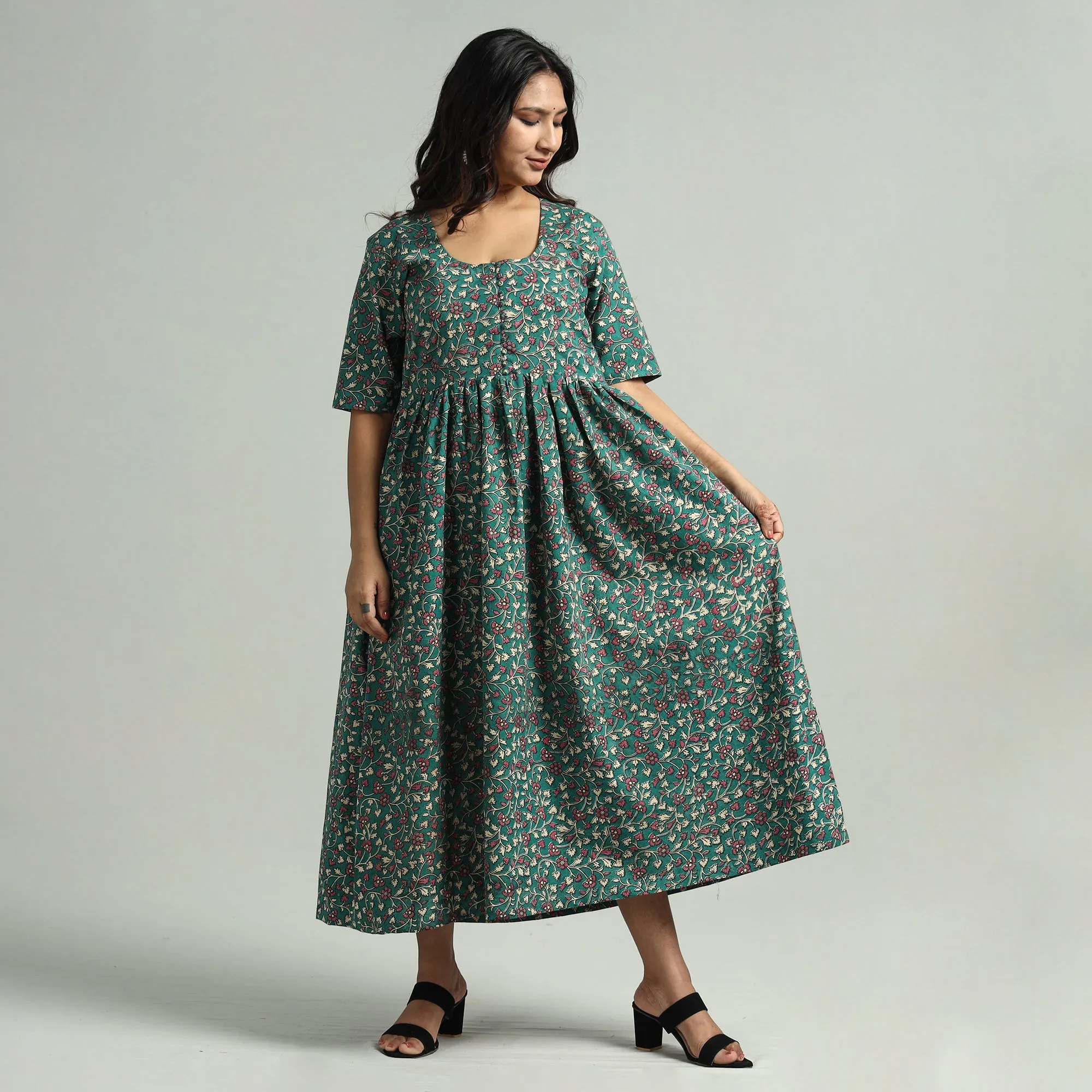 Green - Kalamkari Printed Cotton Flared Gher Dress