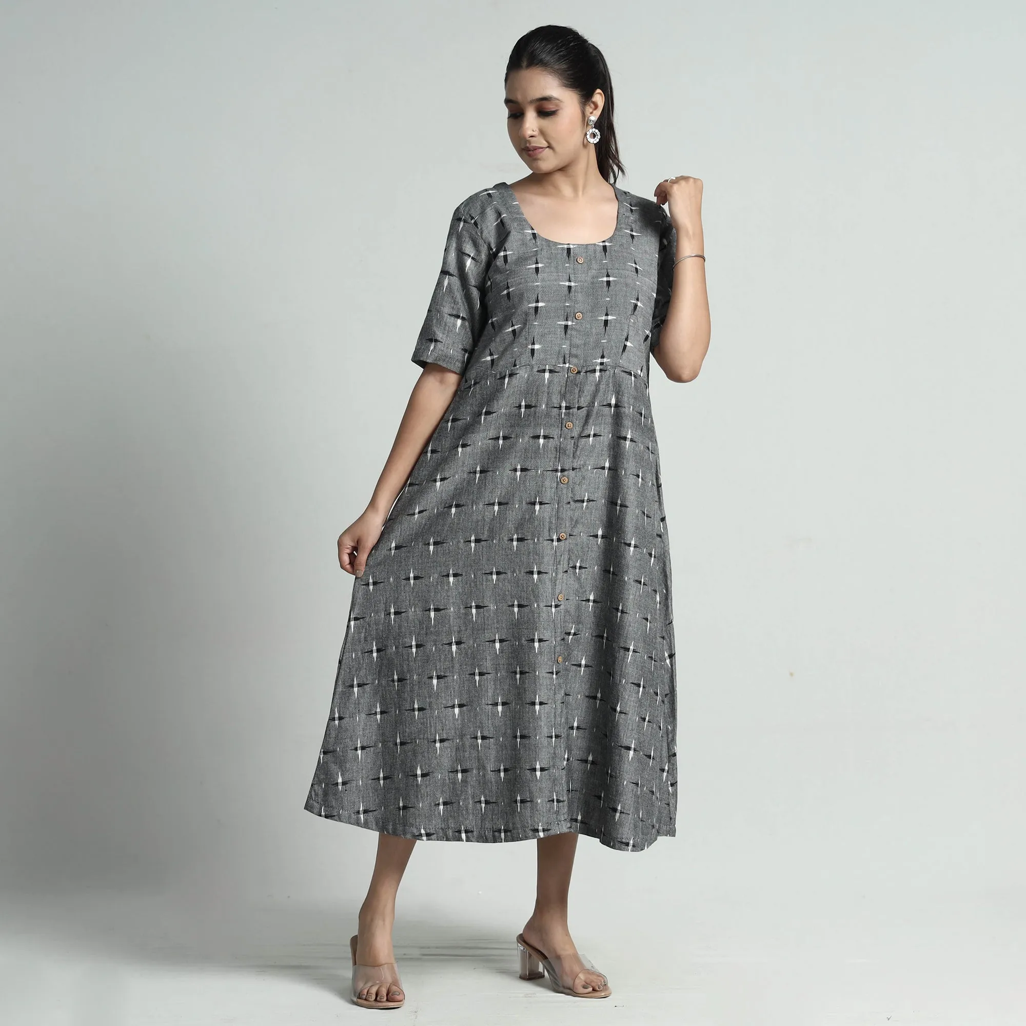 Grey - Pochampally Double Ikat Weave Cotton Dress