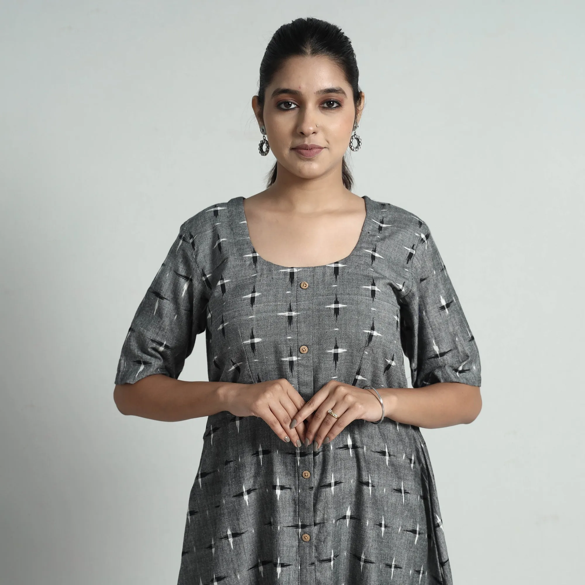 Grey - Pochampally Double Ikat Weave Cotton Dress