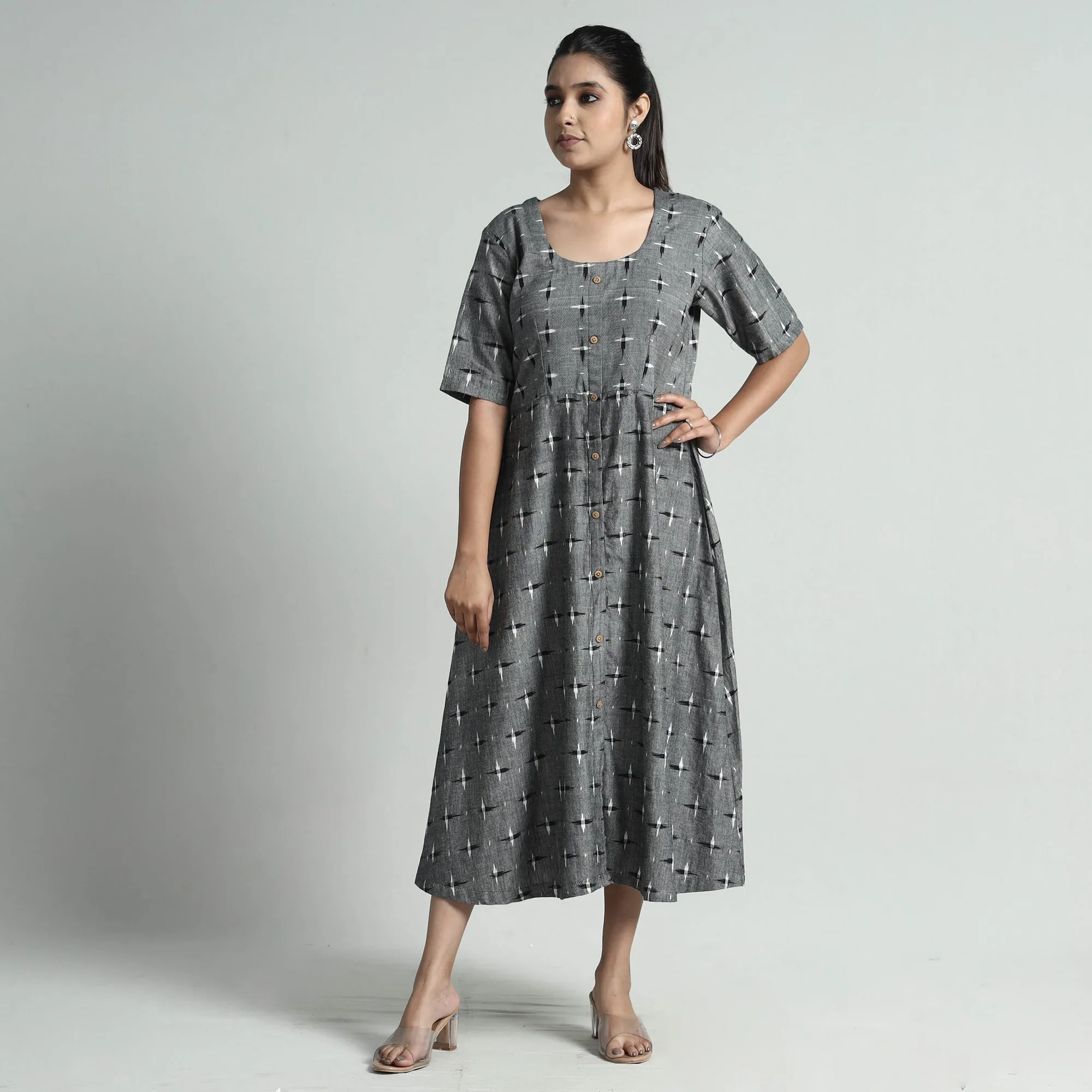 Grey - Pochampally Double Ikat Weave Cotton Dress