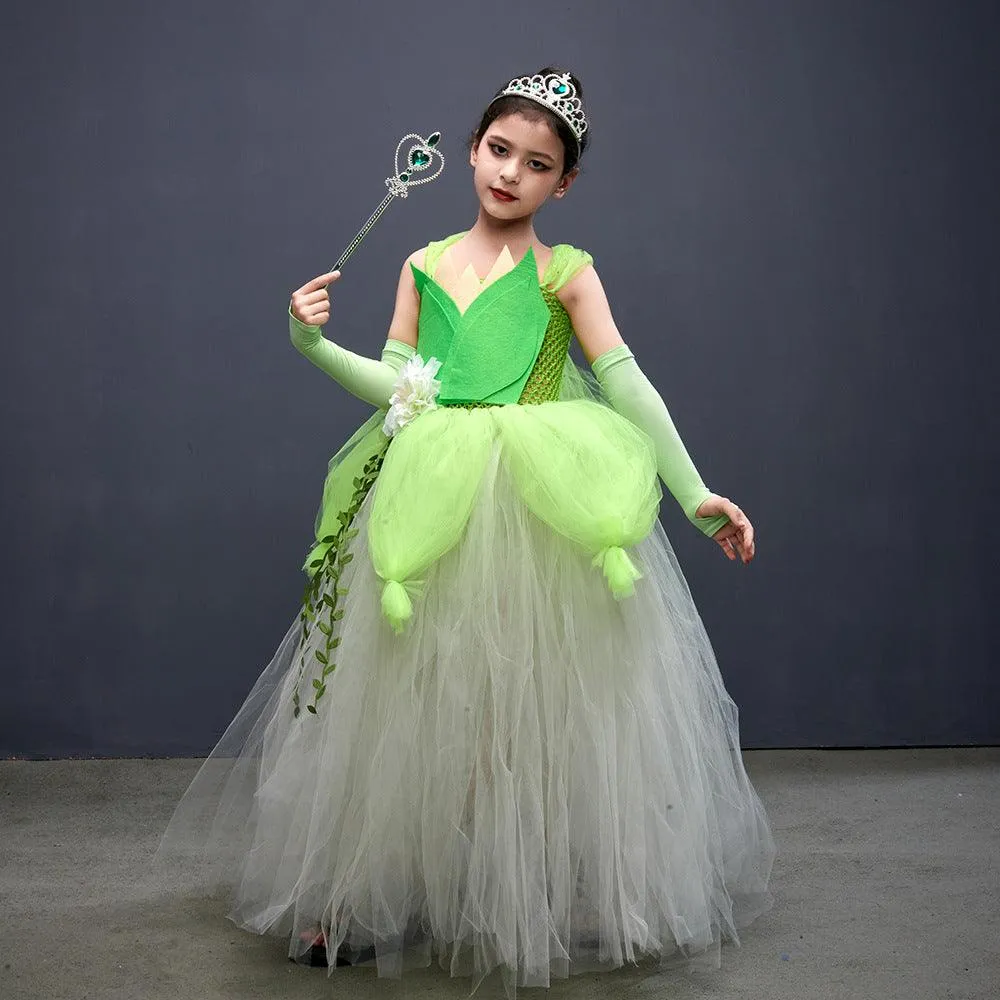 Halloween CosplayD movie cartoon frog mesh girl princess dress green suspender stage performance long dress accessory set