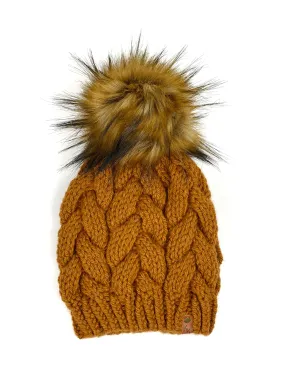 Hand Knit Braided Cable Beanie with Faux Fur Poms Acrylic/Wool Blend Bulky Yarn Skiing Snowboarding Sledding Winter Snow Hat