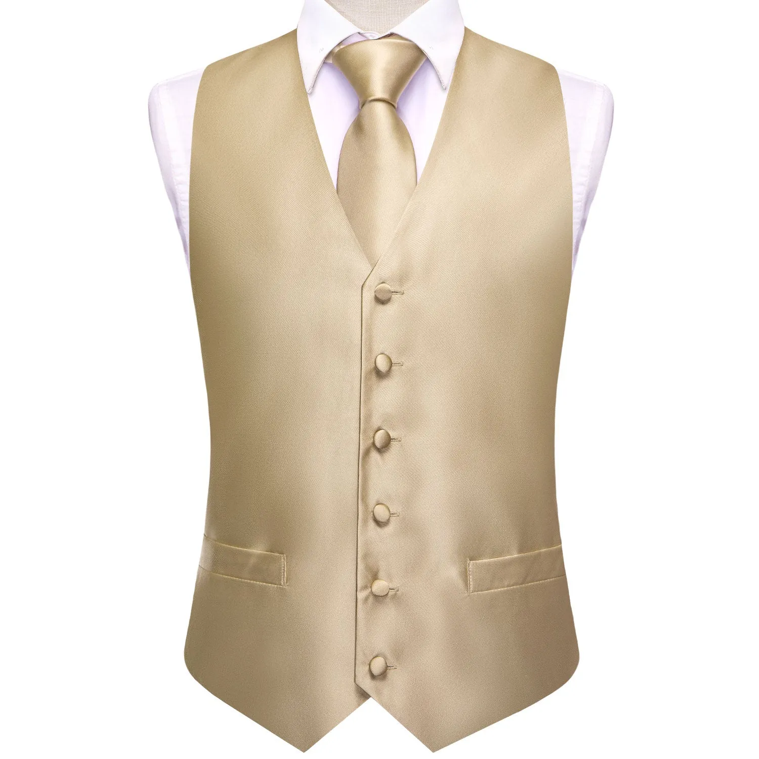 Hi-Tie Champagne Vest Solid Men's Waistcoat Tie Hanky Cufflinks Set