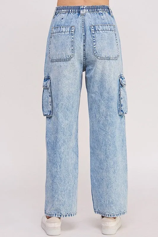 HIGH WAIST BAGGY DENIM CARGO ANKLE LENGTH TROUSERS