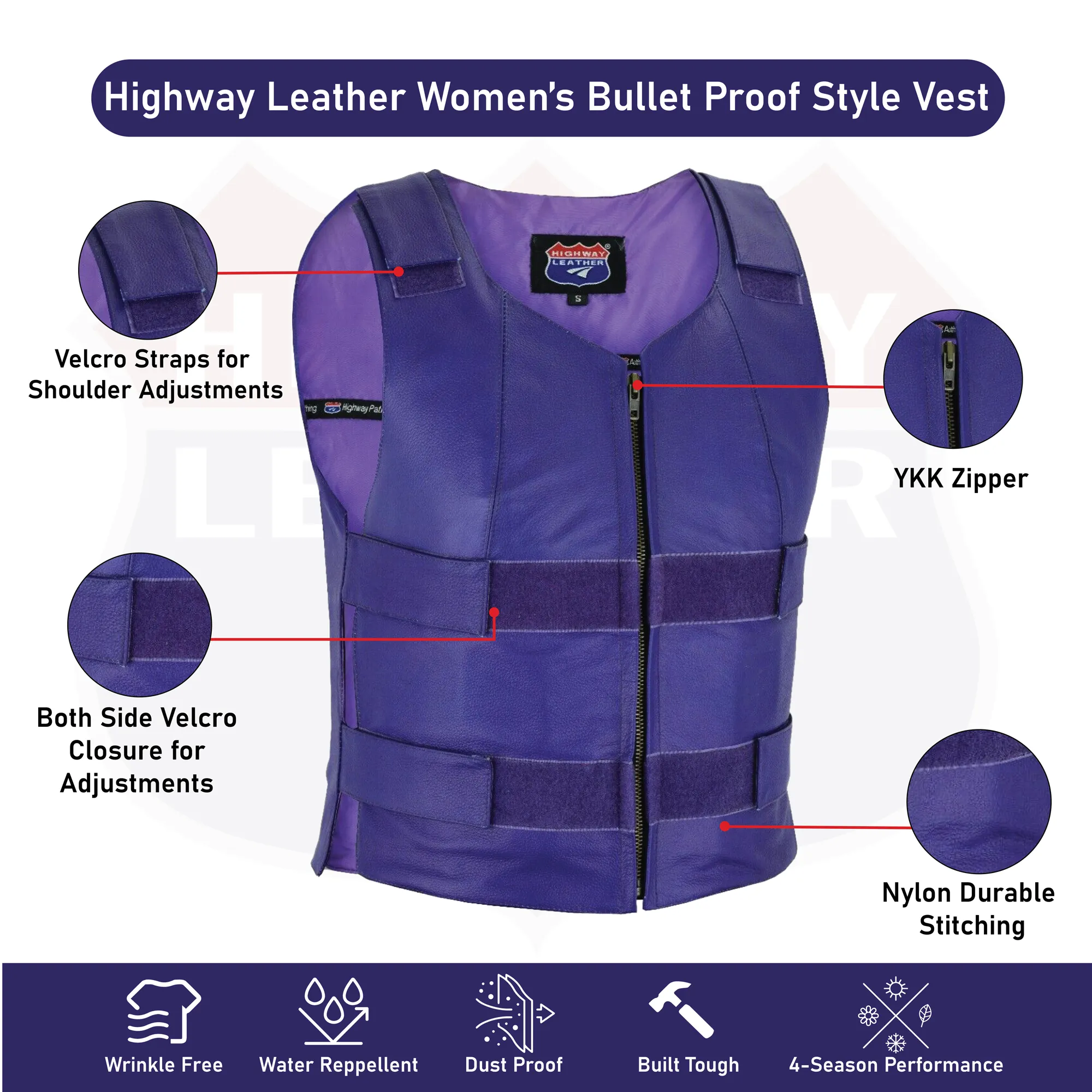 HL14945Purple Passionate Purple Women Bullet Proof style Leather Motorcycle Vest-bikers Club