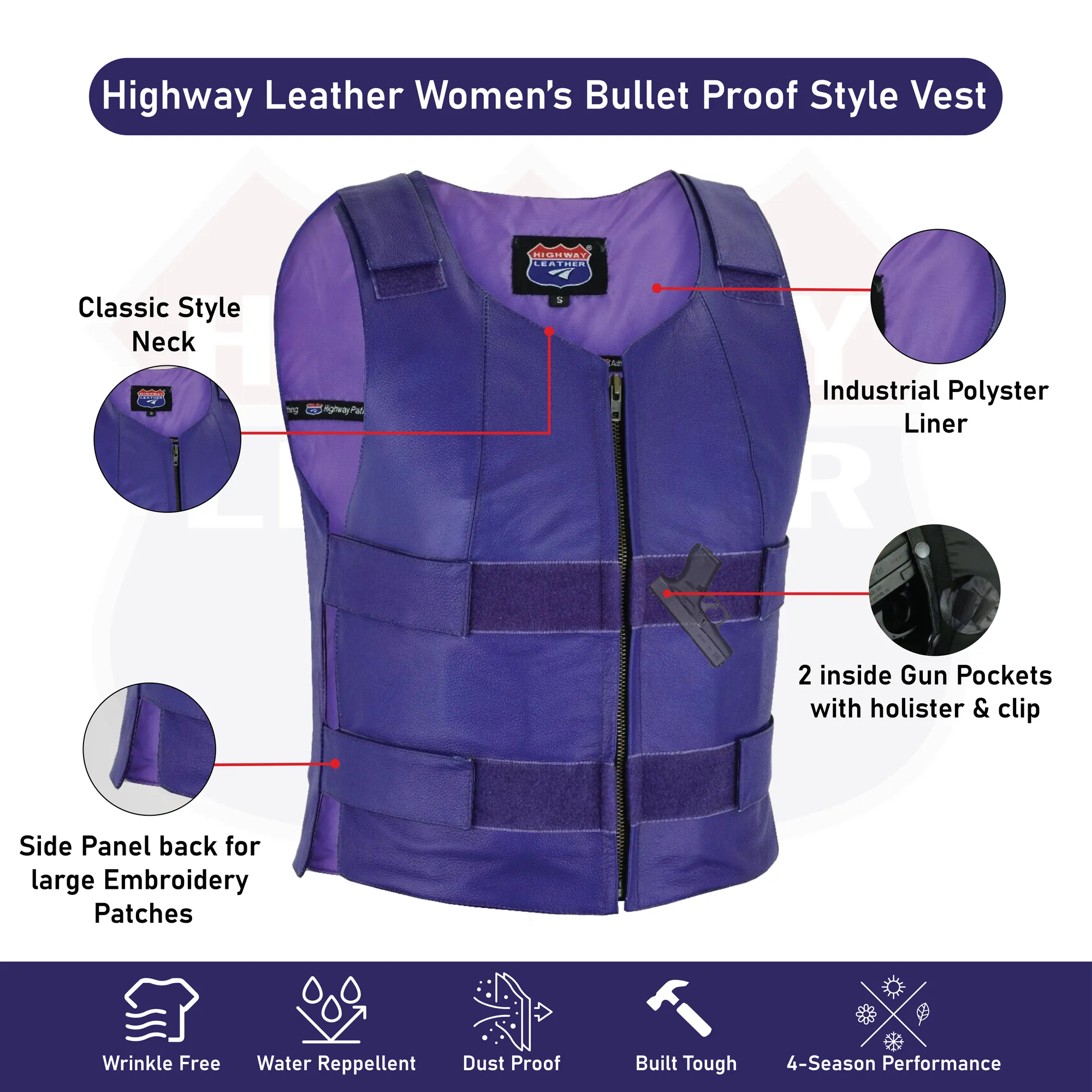 HL14945Purple Passionate Purple Women Bullet Proof style Leather Motorcycle Vest-bikers Club