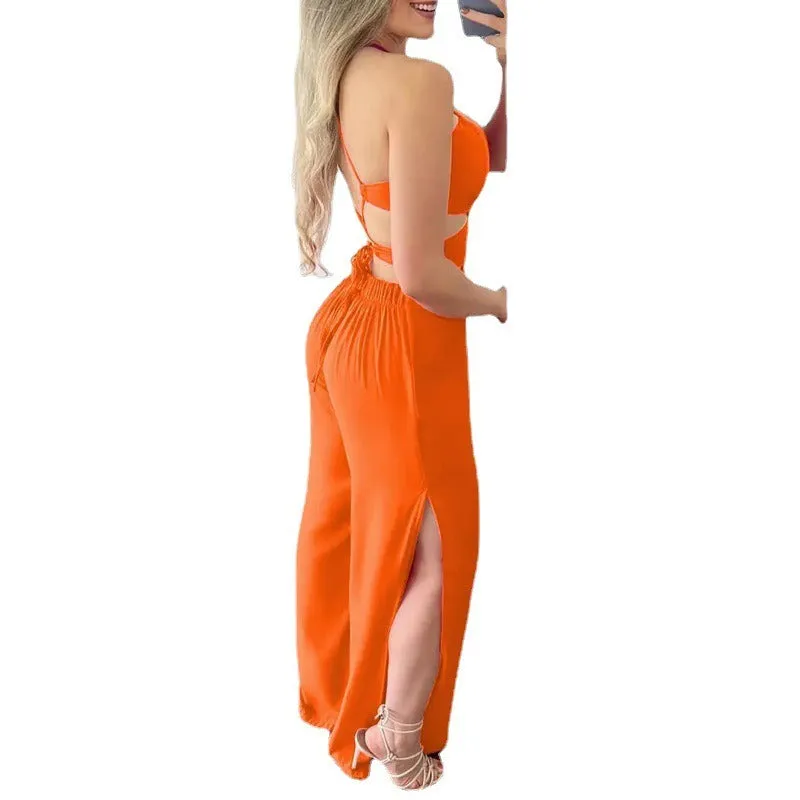 Hollowed Out Halter Neck Slim Fit Open Back Jumpsuit (Orange/Rose Red)