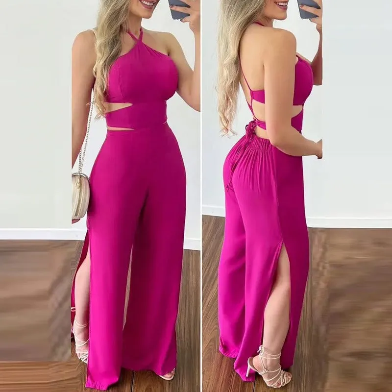 Hollowed Out Halter Neck Slim Fit Open Back Jumpsuit (Orange/Rose Red)