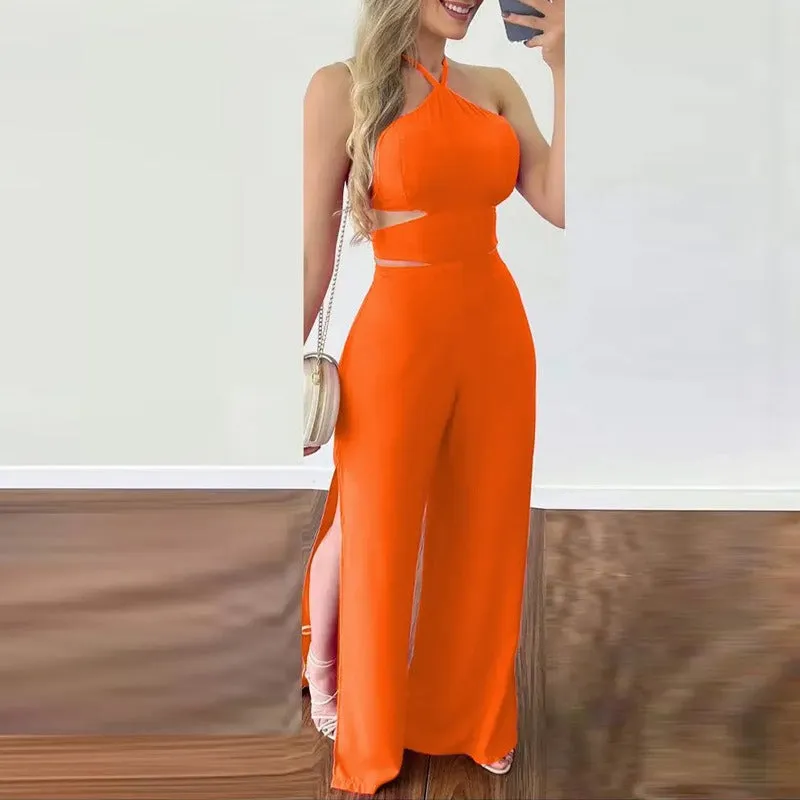 Hollowed Out Halter Neck Slim Fit Open Back Jumpsuit (Orange/Rose Red)