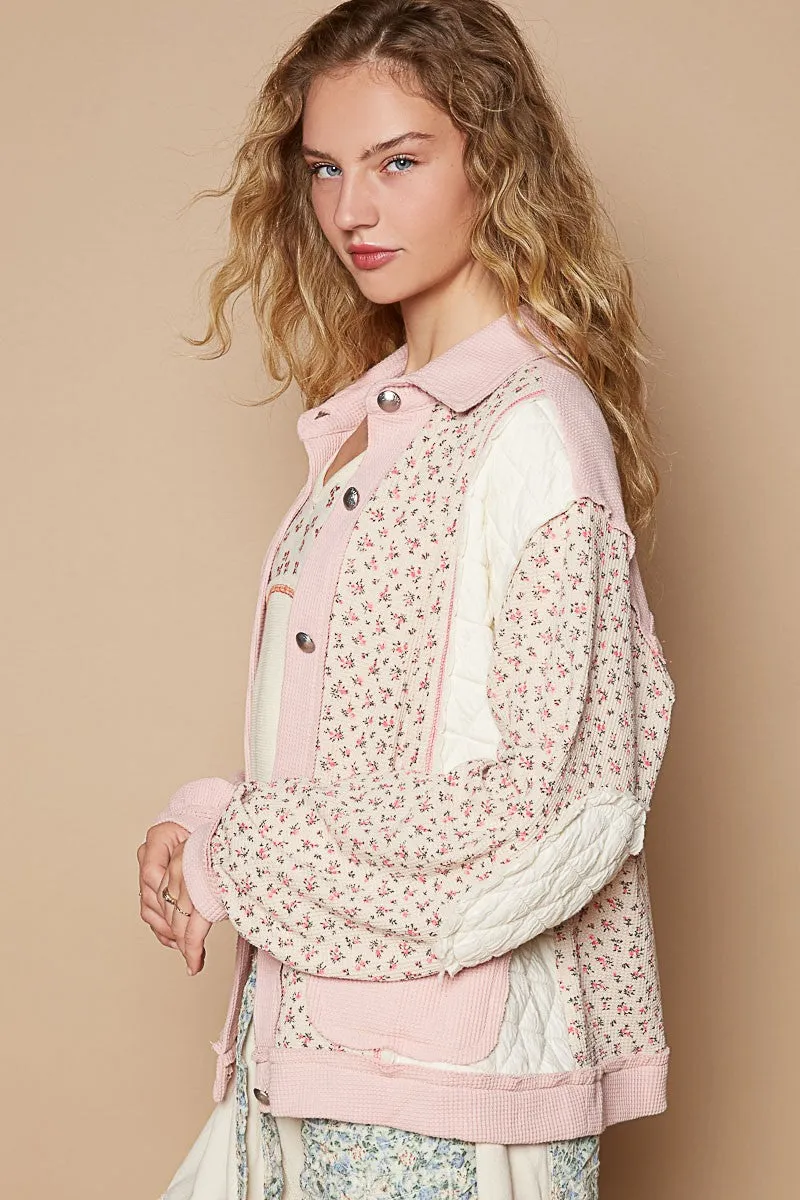 Hot Girl Floral Exposed Seam Button Up Quilted Shacket In Pink