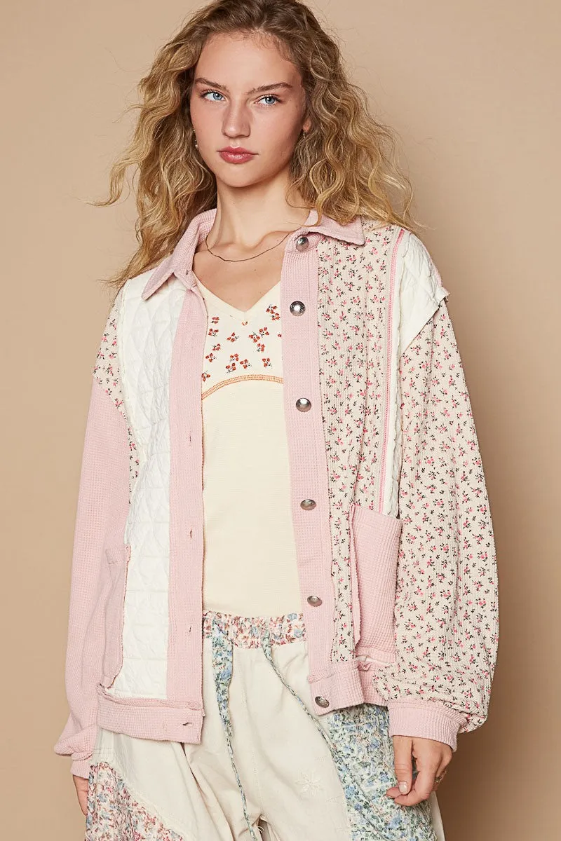 Hot Girl Floral Exposed Seam Button Up Quilted Shacket In Pink