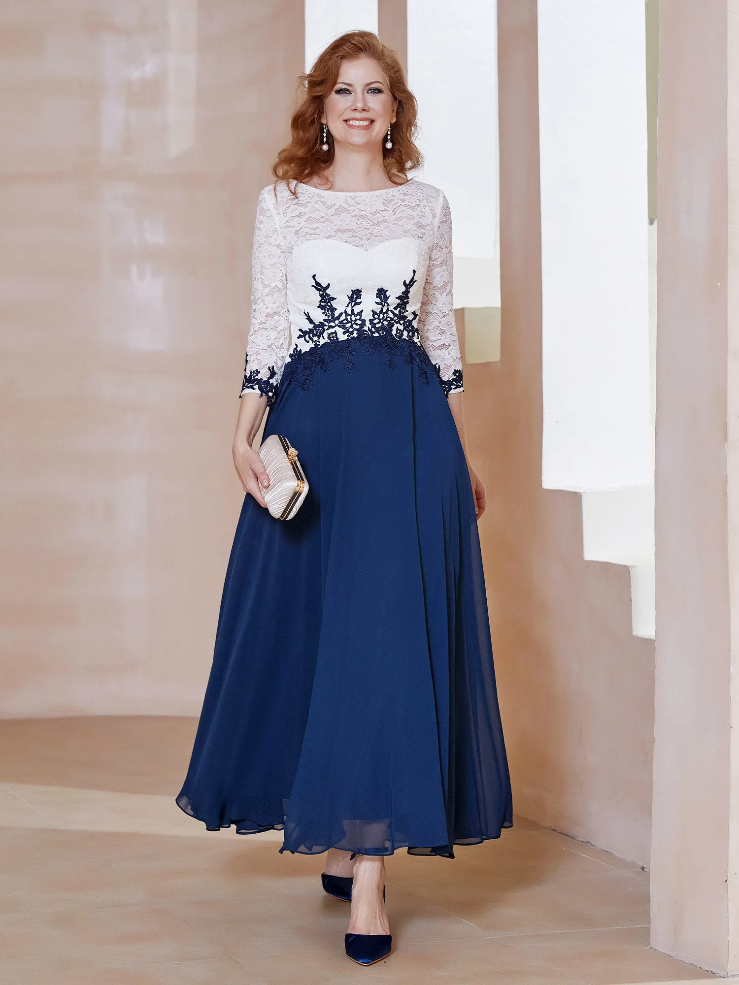 Illusion Neckline Applique Long Sleeves Dress Dark Navy