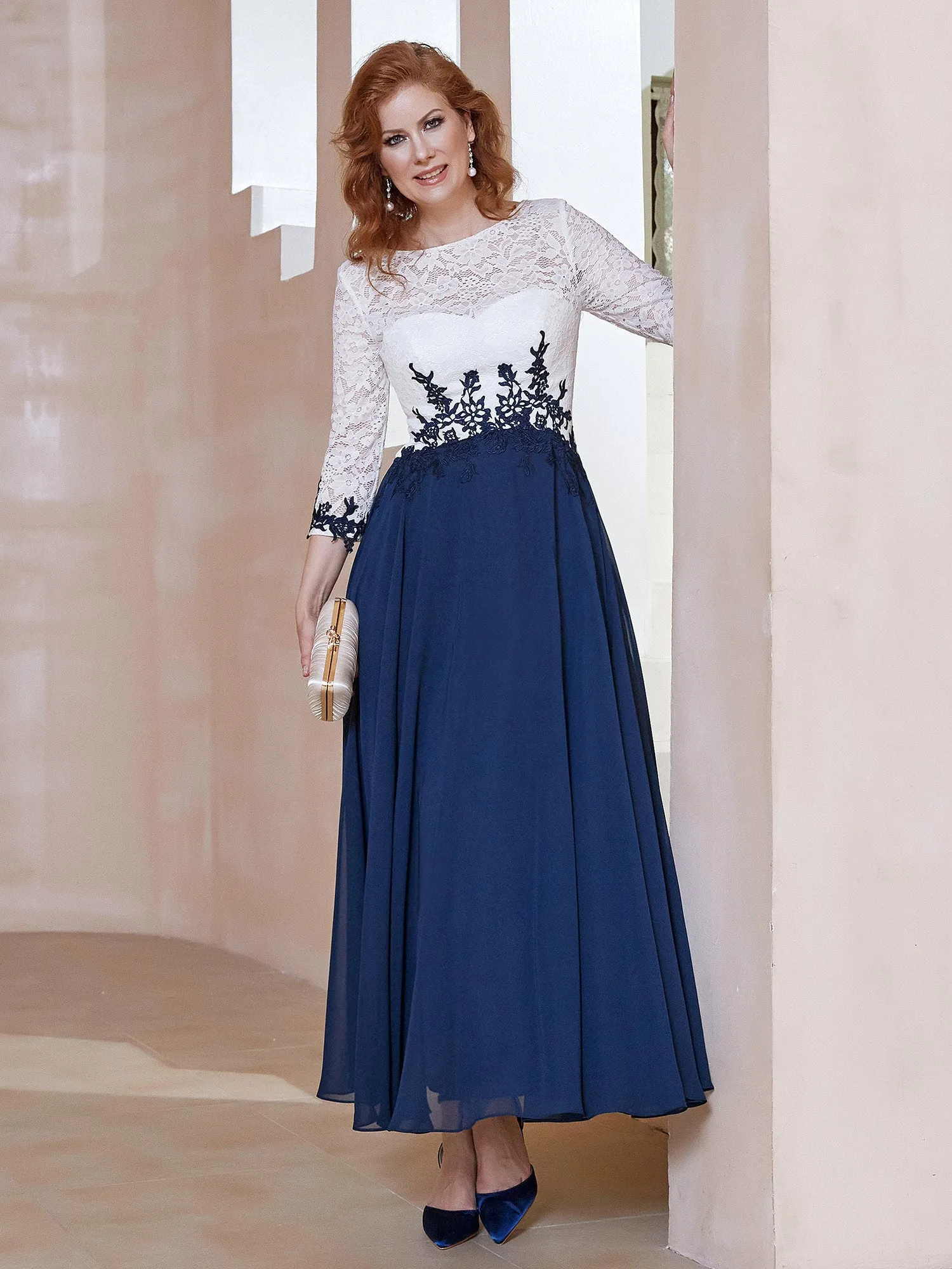 Illusion Neckline Applique Long Sleeves Dress Dark Navy