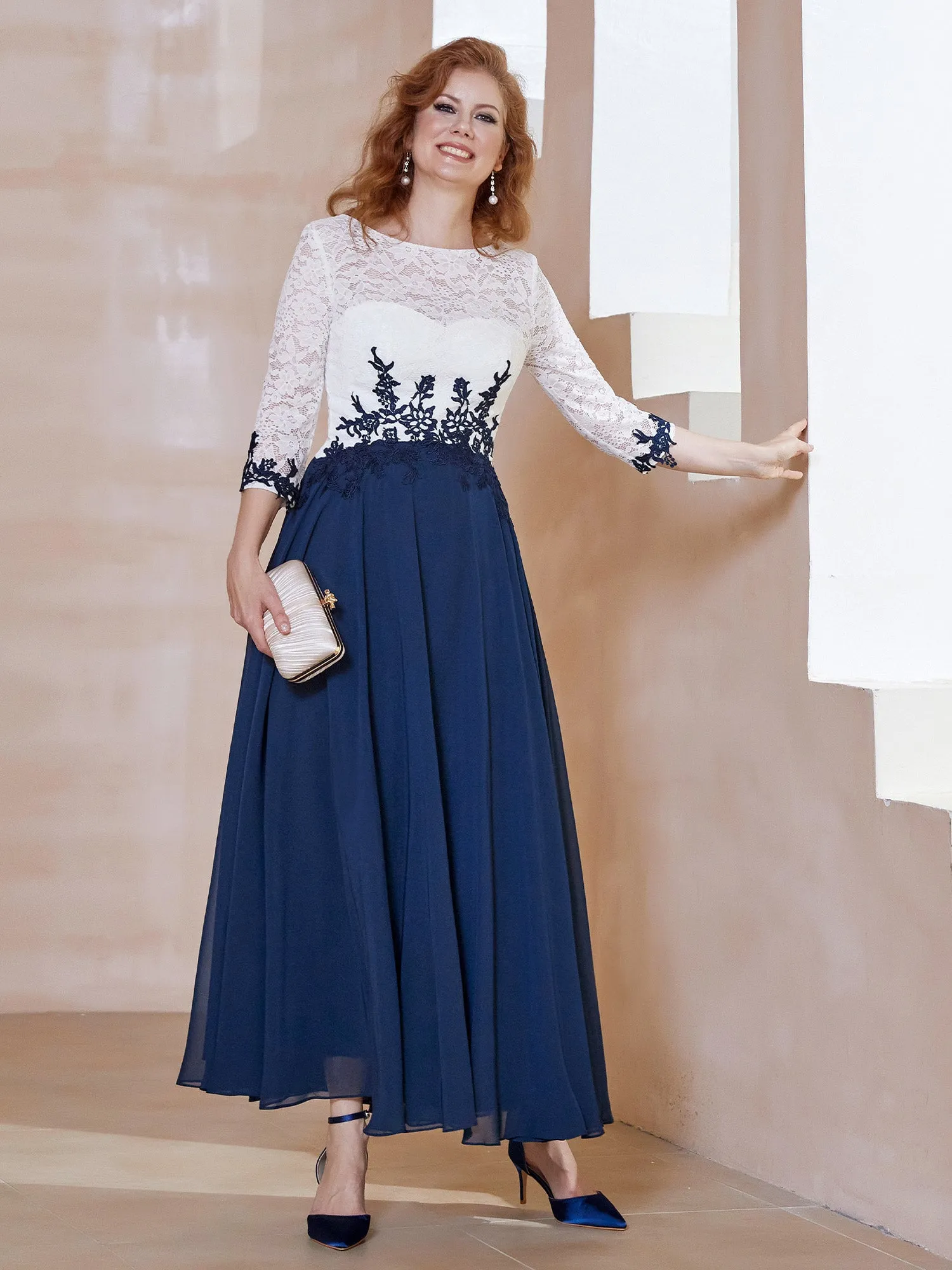 Illusion Neckline Applique Long Sleeves Dress Dark Navy