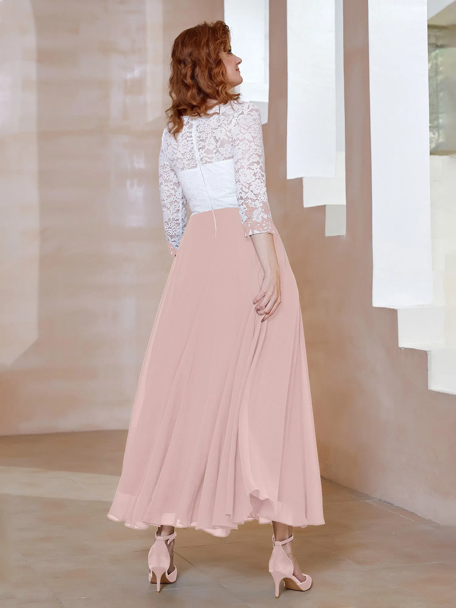 Illusion Neckline Applique Long Sleeves Dress Dusty Rose