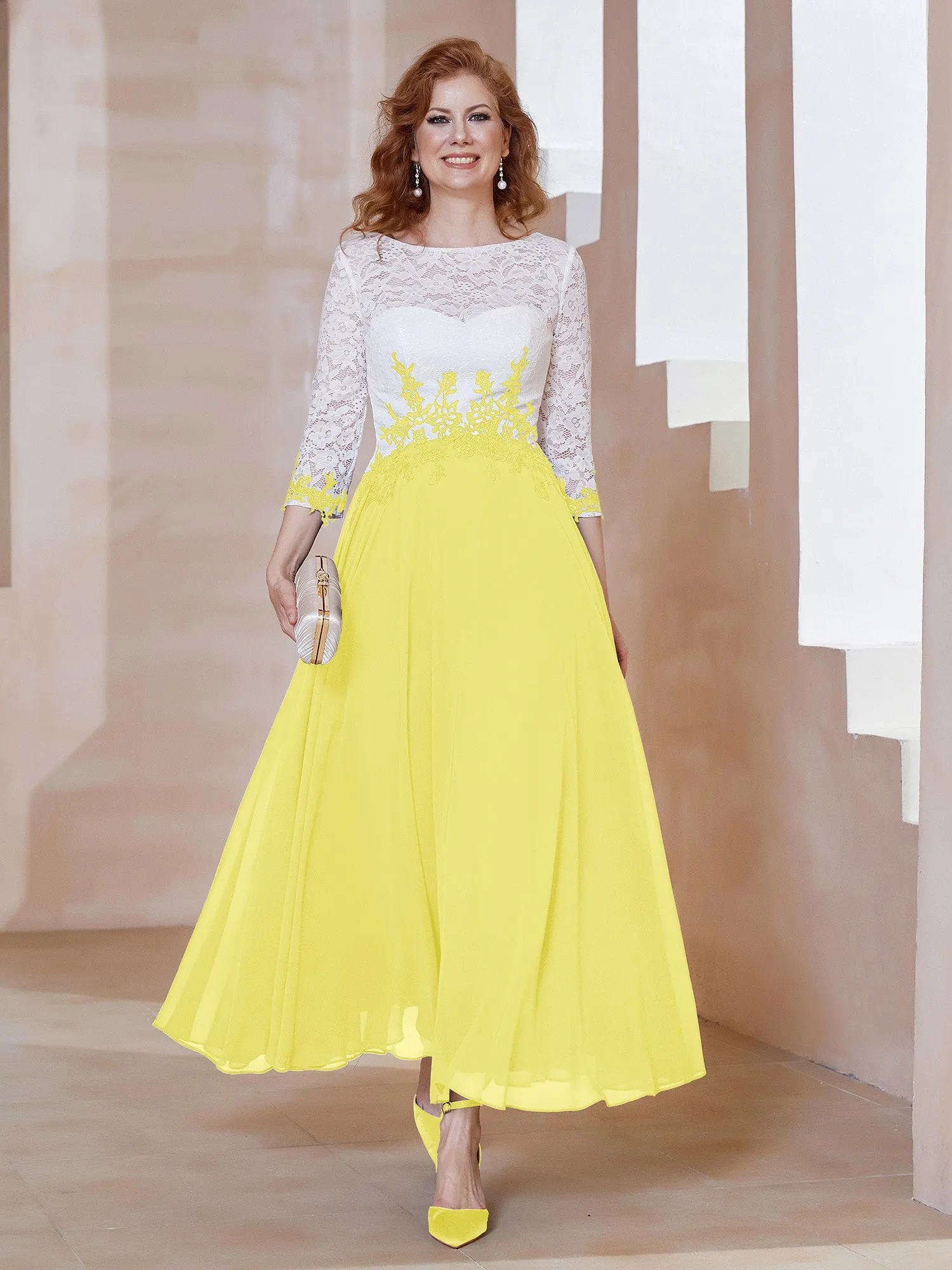 Illusion Neckline Applique Long Sleeves Dress Lemon