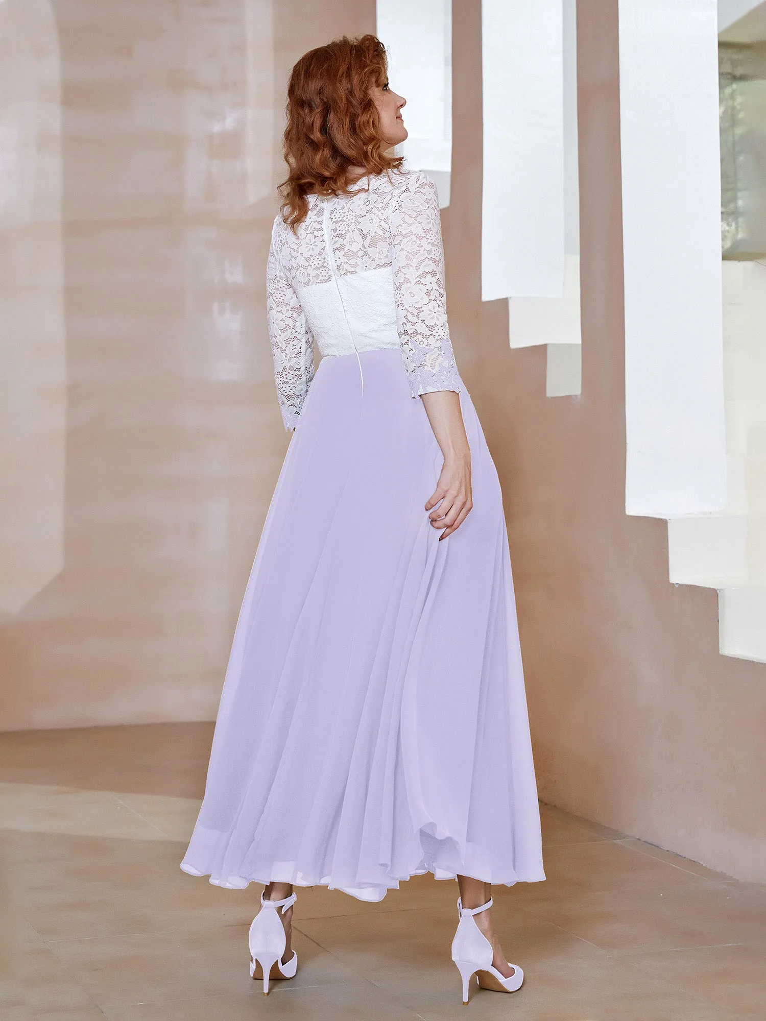 Illusion Neckline Applique Long Sleeves Dress Lilac