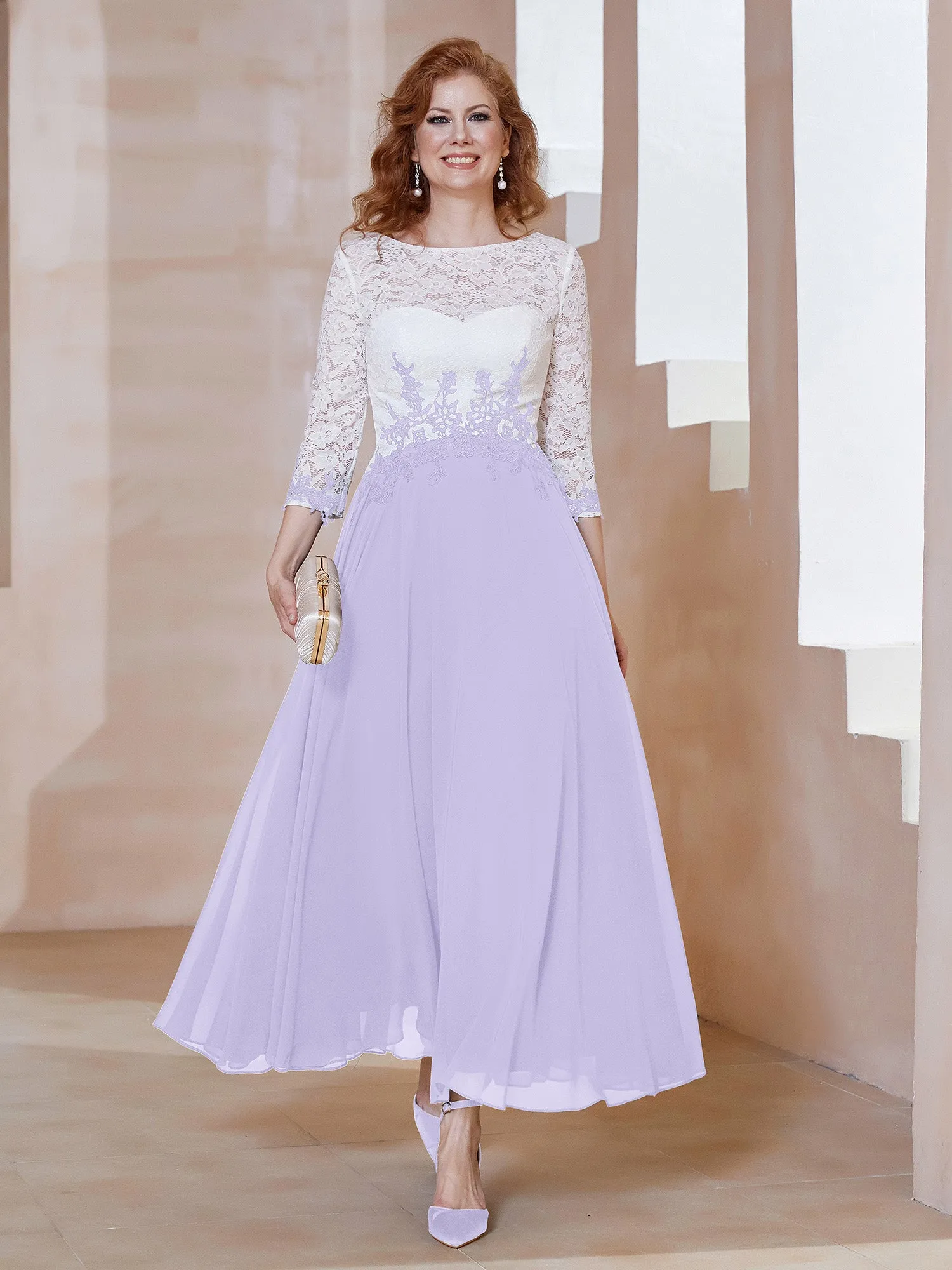 Illusion Neckline Applique Long Sleeves Dress Lilac