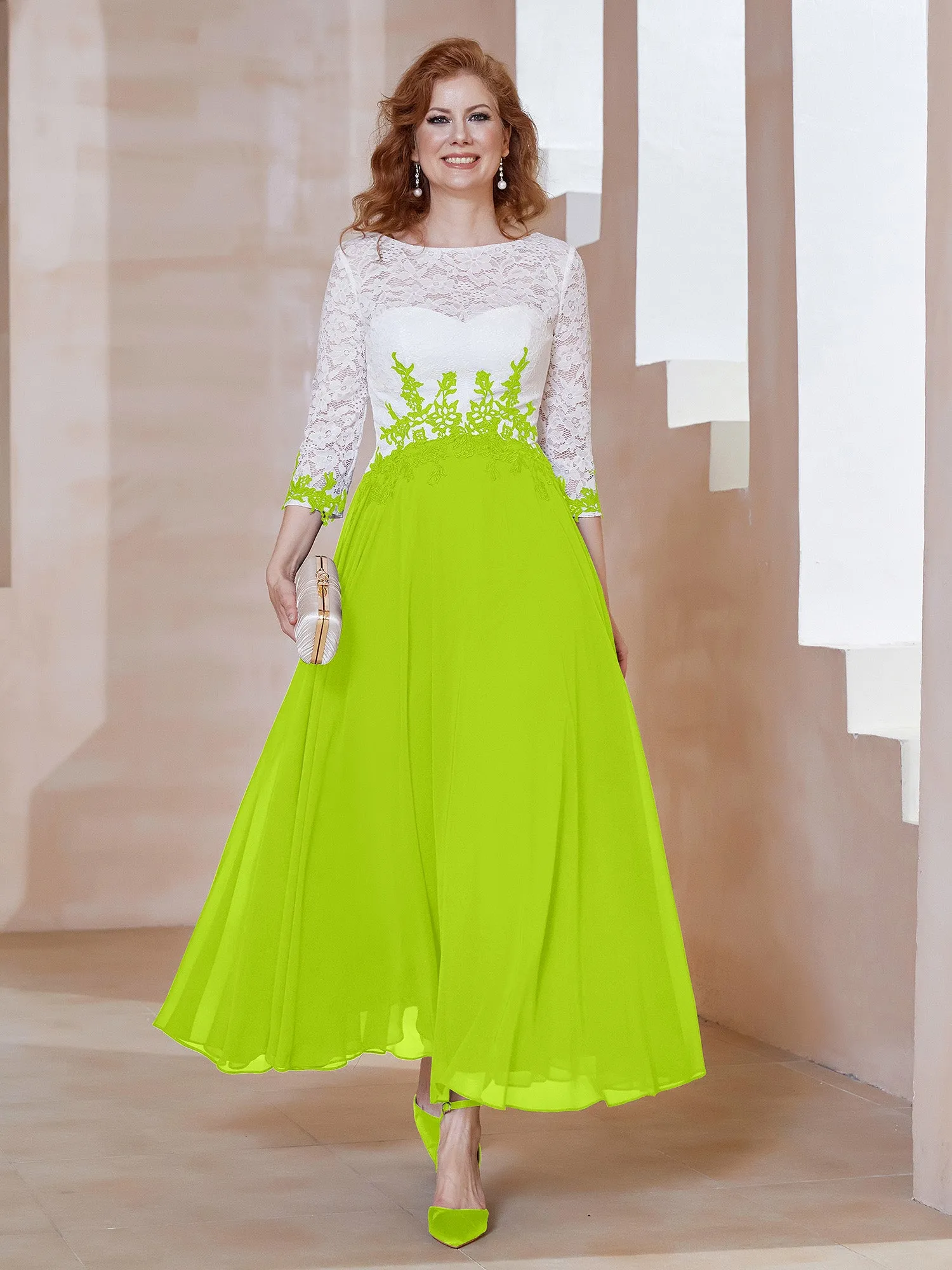 Illusion Neckline Applique Long Sleeves Dress Lime Green