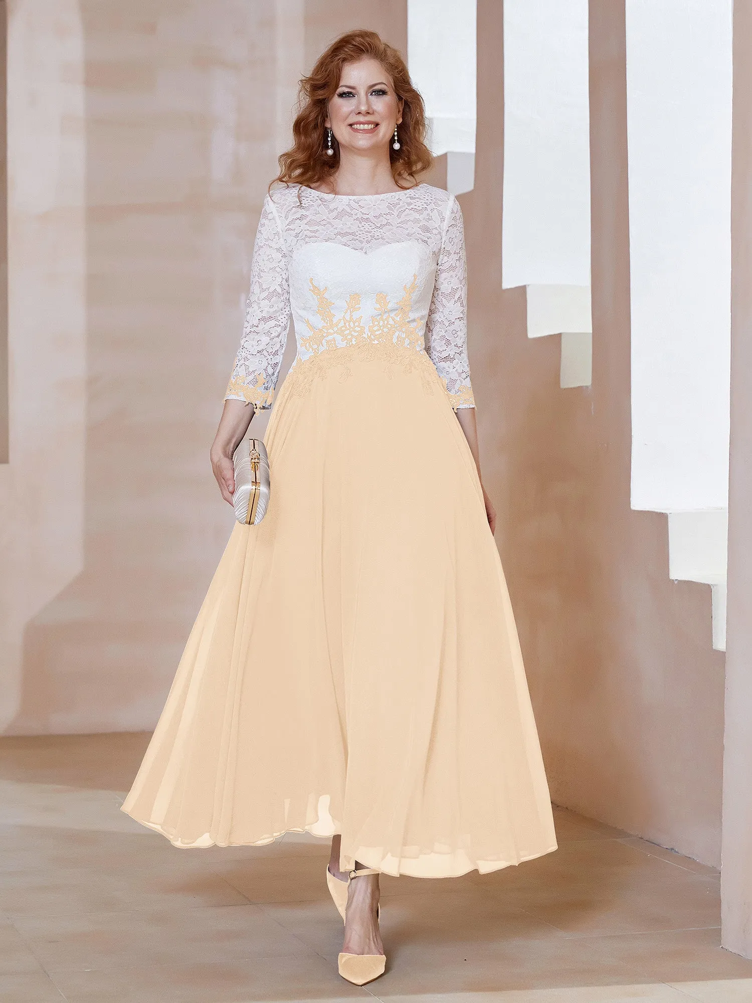 Illusion Neckline Applique Long Sleeves Dress Peach