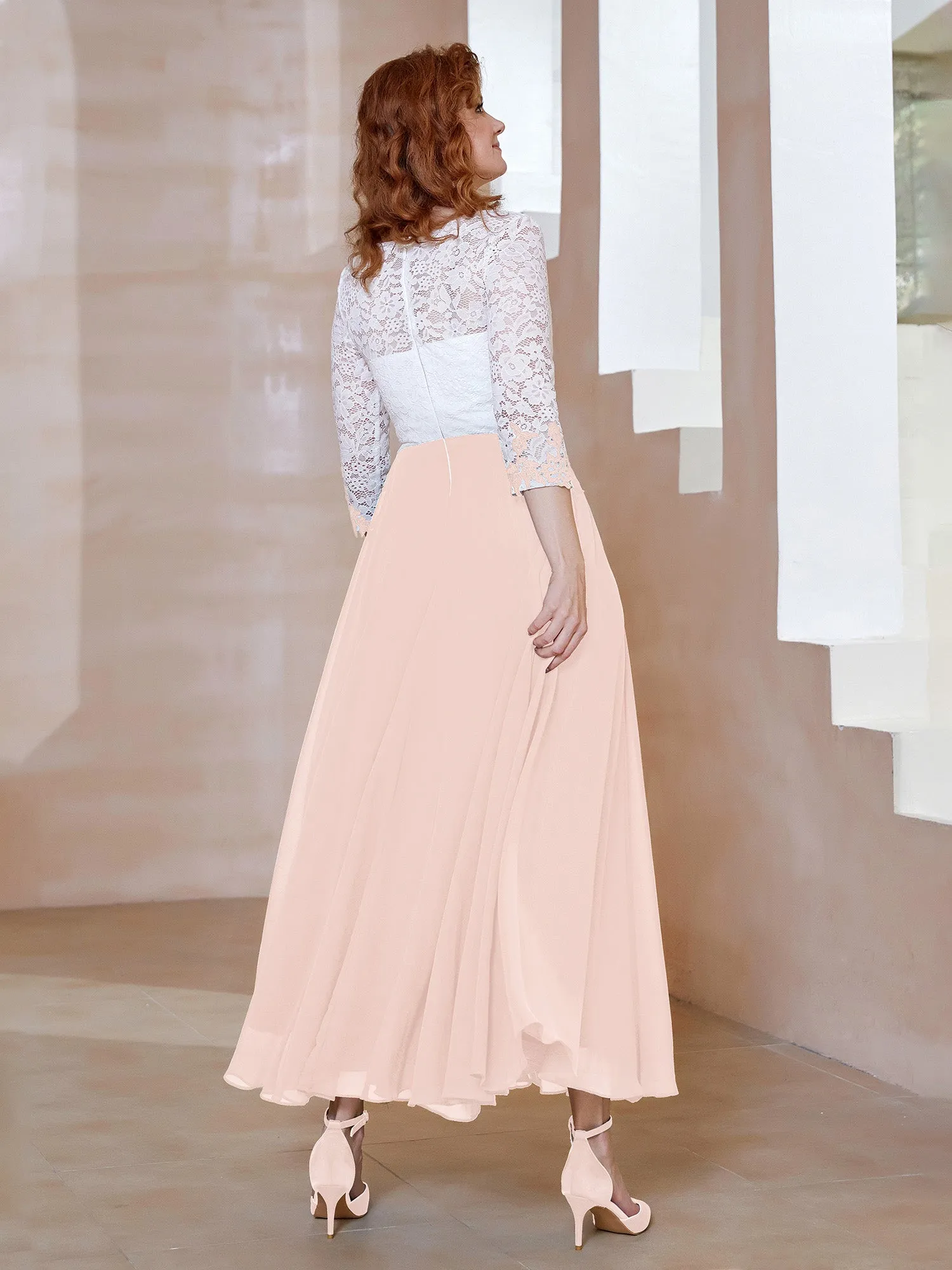 Illusion Neckline Applique Long Sleeves Dress Pearl Pink