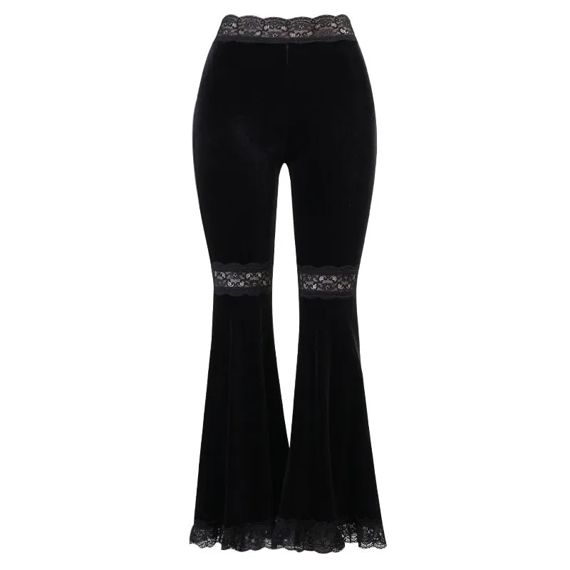 InsGoth Mall Goth High Waist Flared Pants Aesthetic Sexy Lace Patchwork Trousers Women Vintage Elegant Velvet Christmas Pants