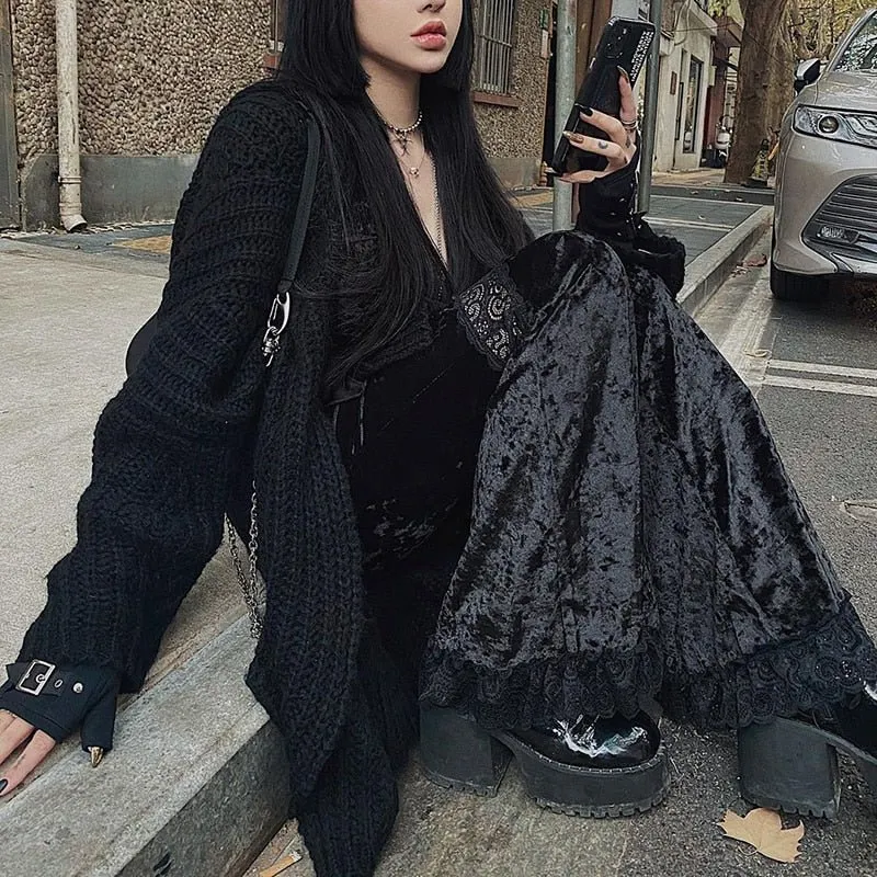 InsGoth Mall Goth High Waist Flared Pants Aesthetic Sexy Lace Patchwork Trousers Women Vintage Elegant Velvet Christmas Pants