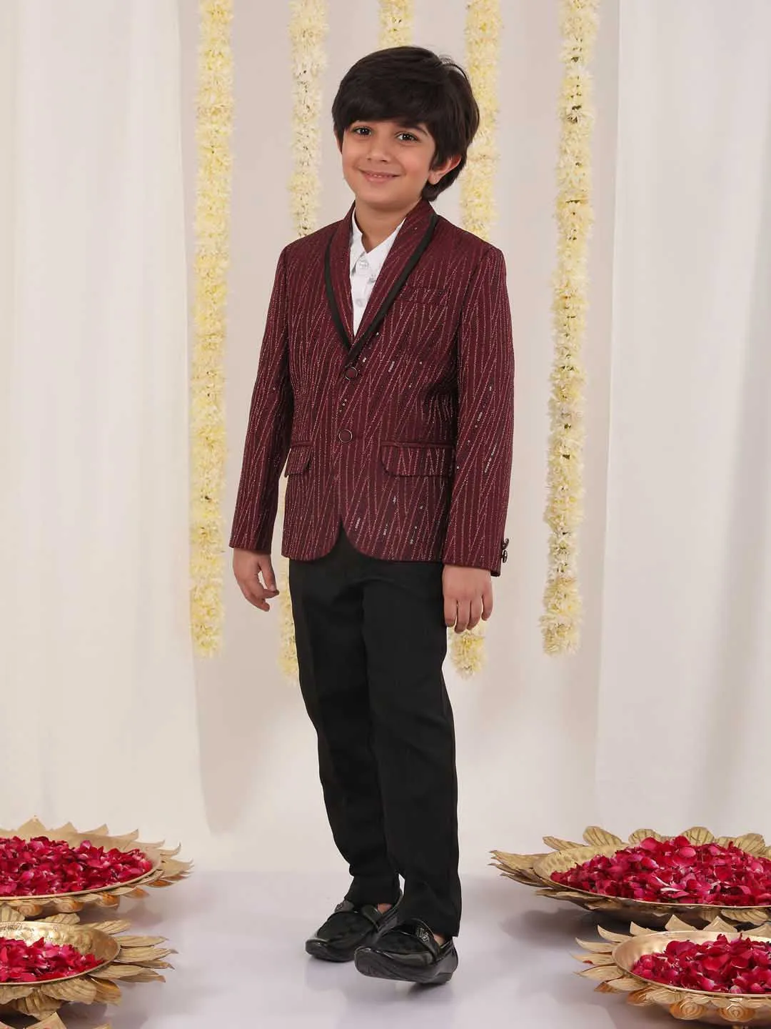 Jashvi Boy's Maroon Sequined Blazer