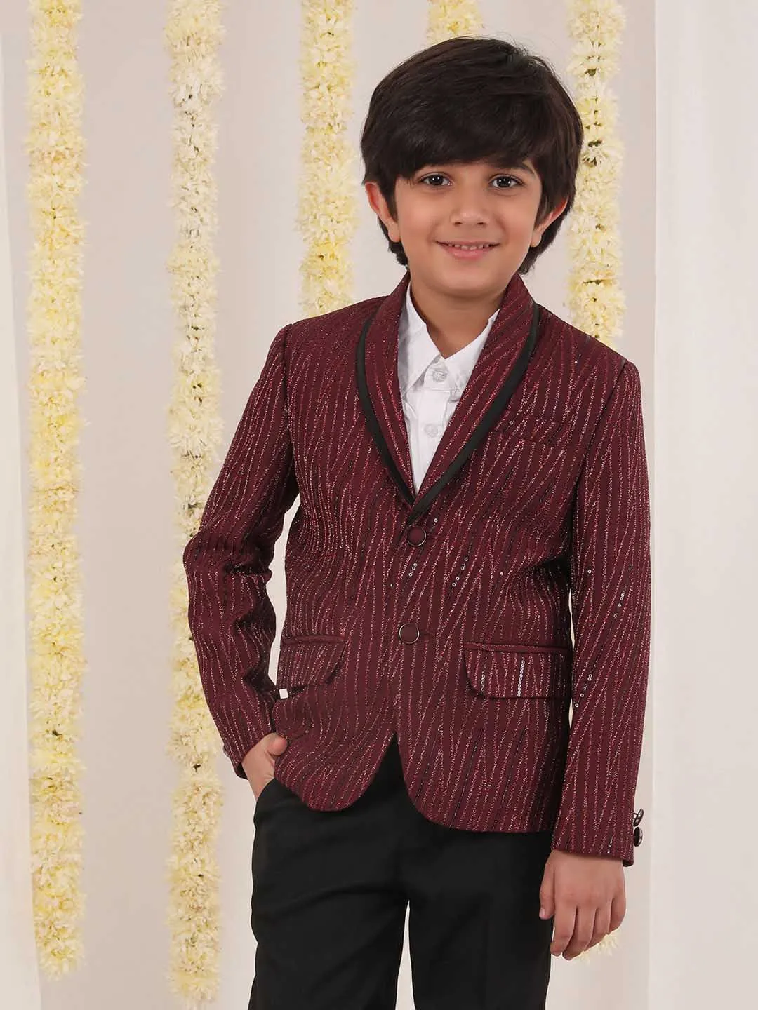 Jashvi Boy's Maroon Sequined Blazer