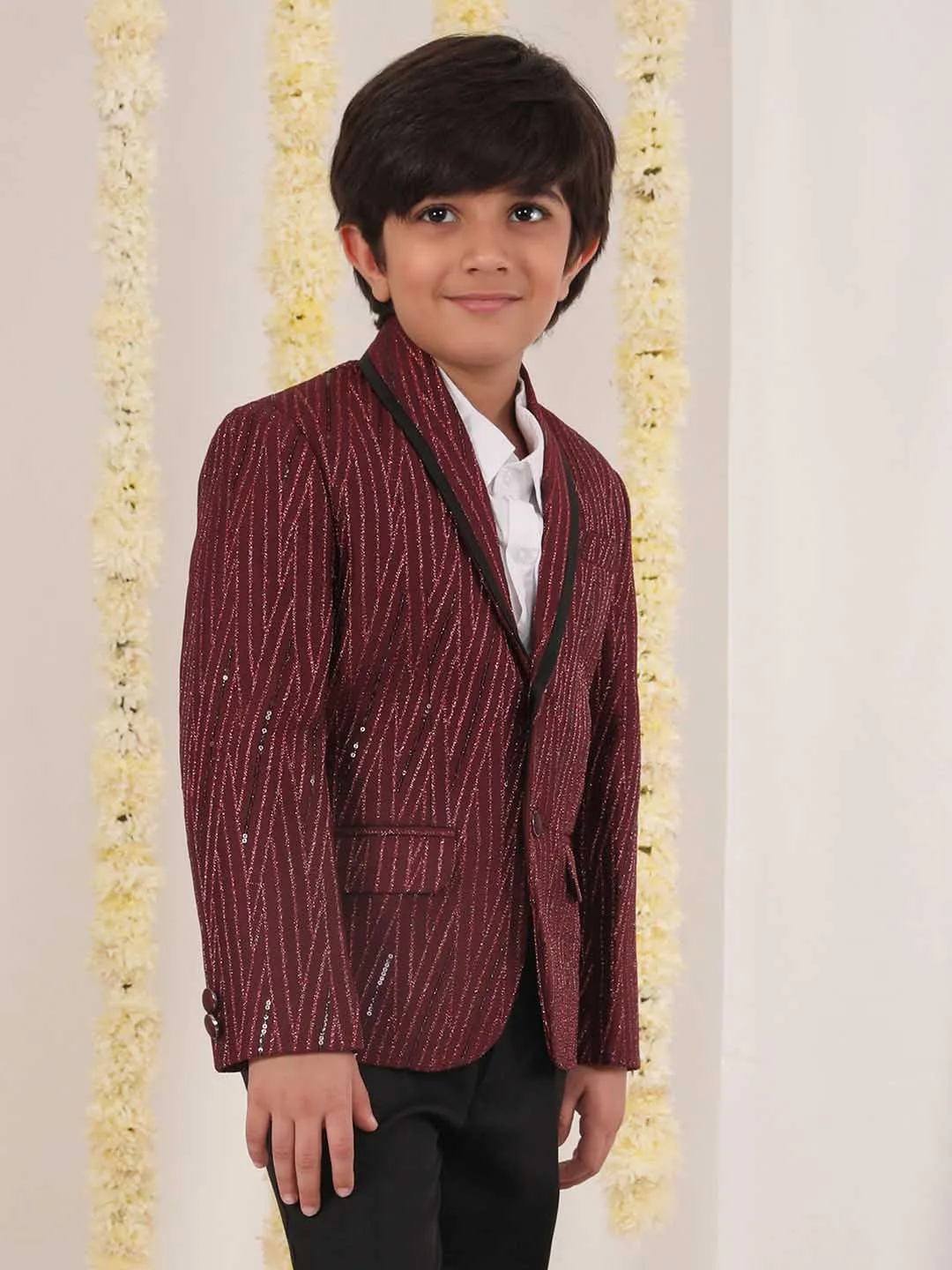 Jashvi Boy's Maroon Sequined Blazer