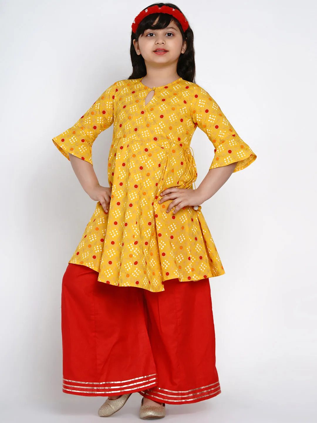 Jashvi Girls Yellow & Red Printed Kurta With Palazzos