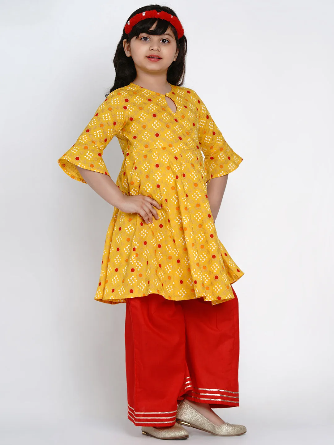 Jashvi Girls Yellow & Red Printed Kurta With Palazzos