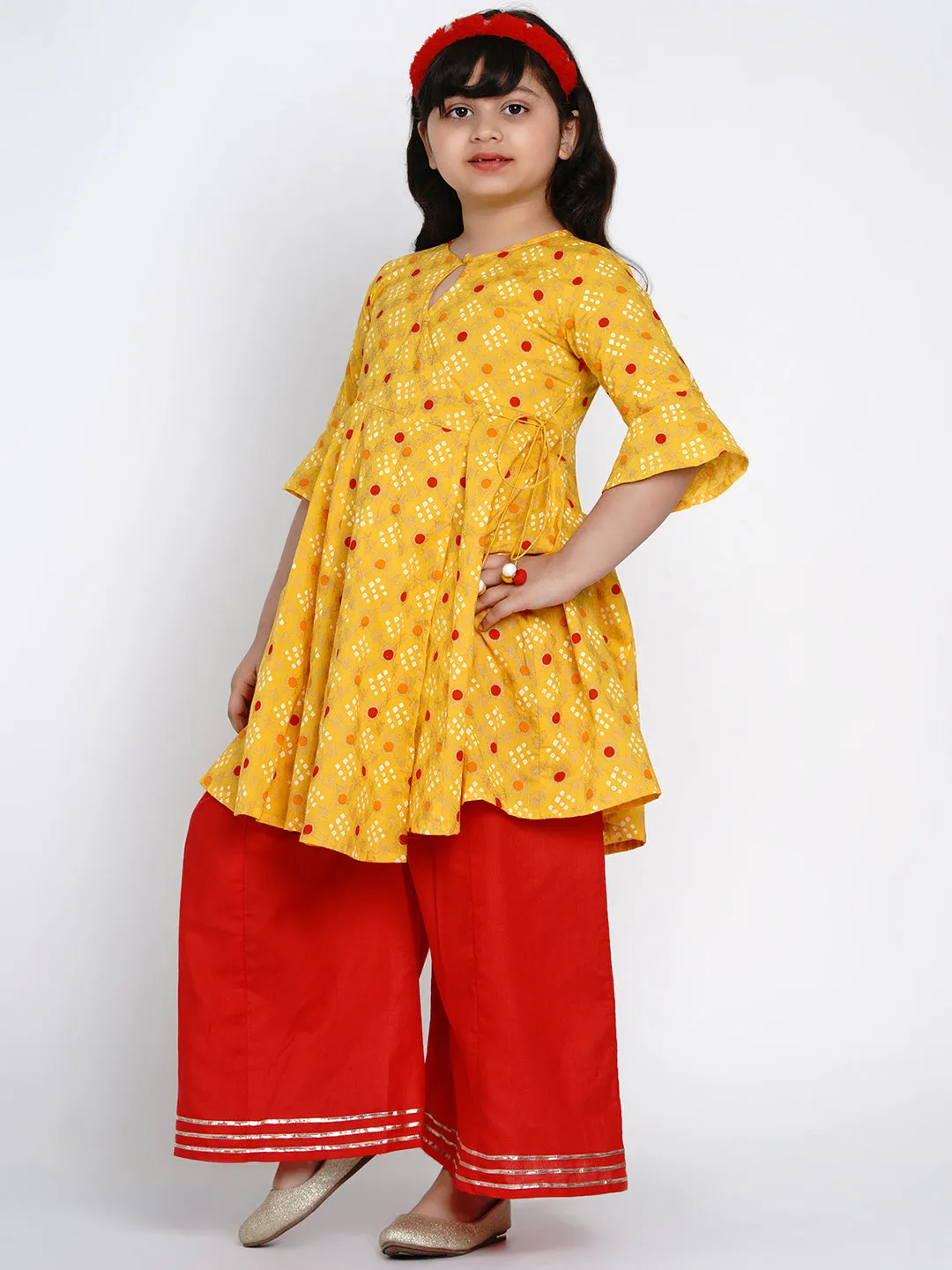 Jashvi Girls Yellow & Red Printed Kurta With Palazzos