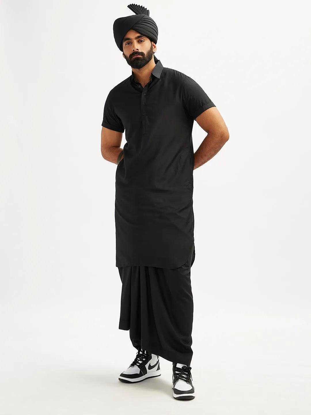 Jashvi Men's Black Viscose Kurta, Lungi,Safa And Shacket Set