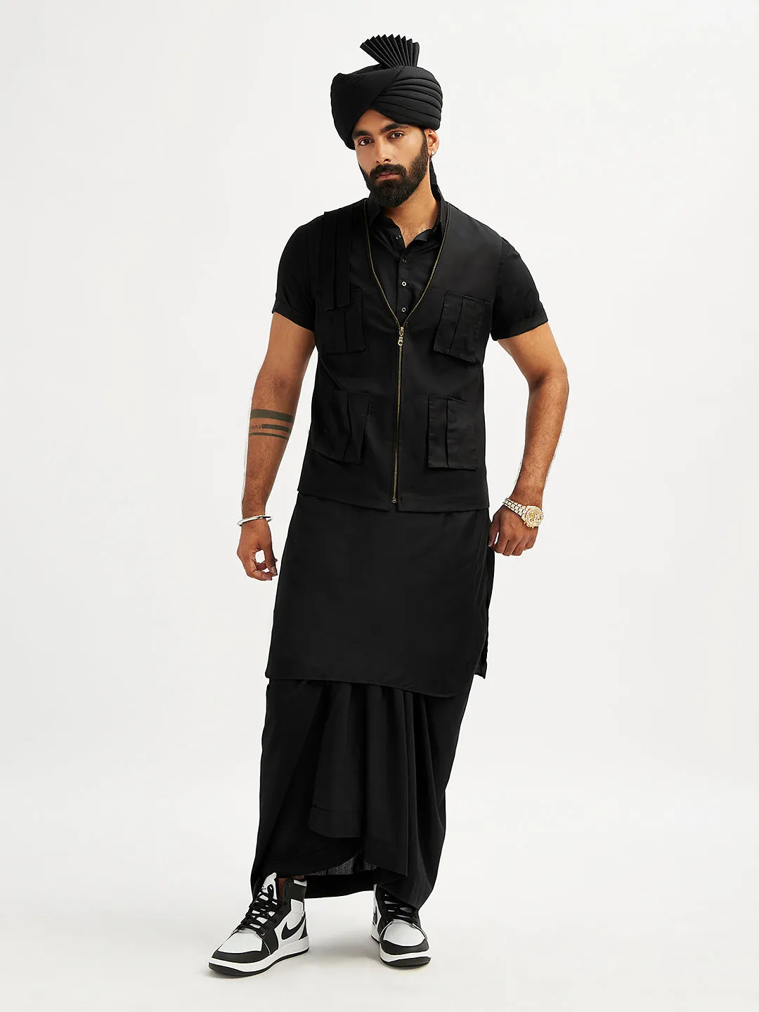 Jashvi Men's Black Viscose Kurta, Lungi,Safa And Shacket Set