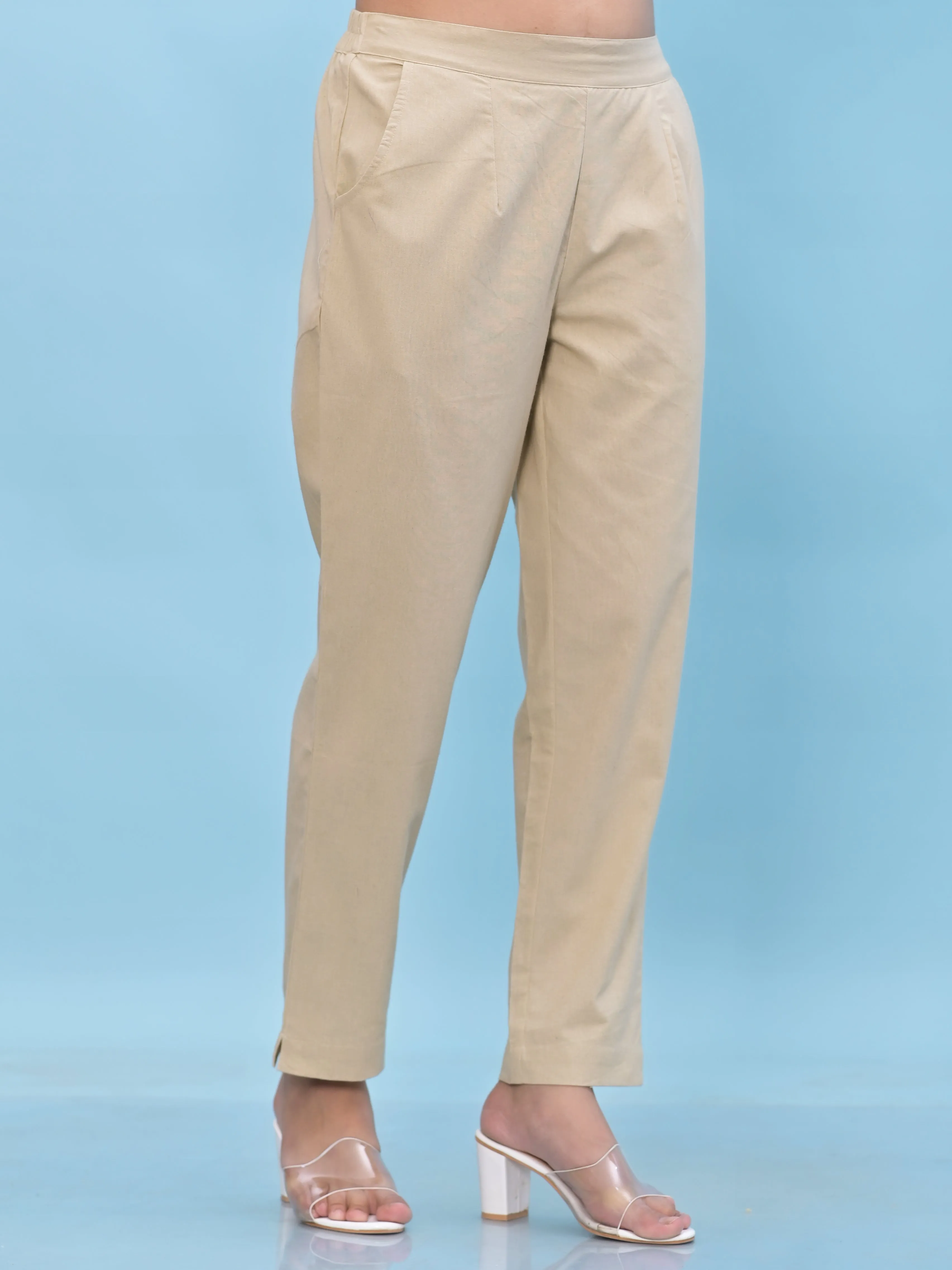 Jashvi Women Beige Solid Cotton Pants with Partially Elasticated Waistband and Two Side Pockets