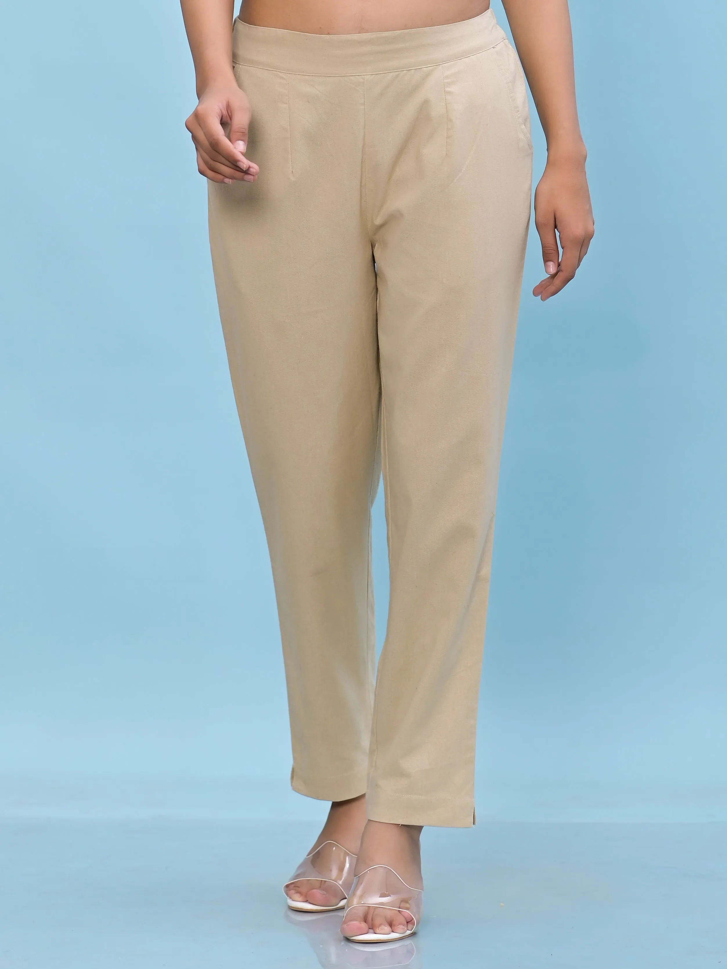 Jashvi Women Beige Solid Cotton Pants with Partially Elasticated Waistband and Two Side Pockets