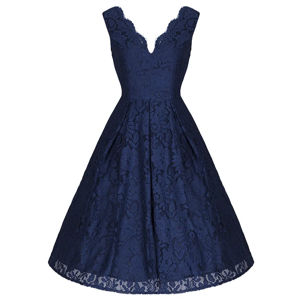 Jolie Moi Vintage Navy Blue Embroidered Lace Swing Dress