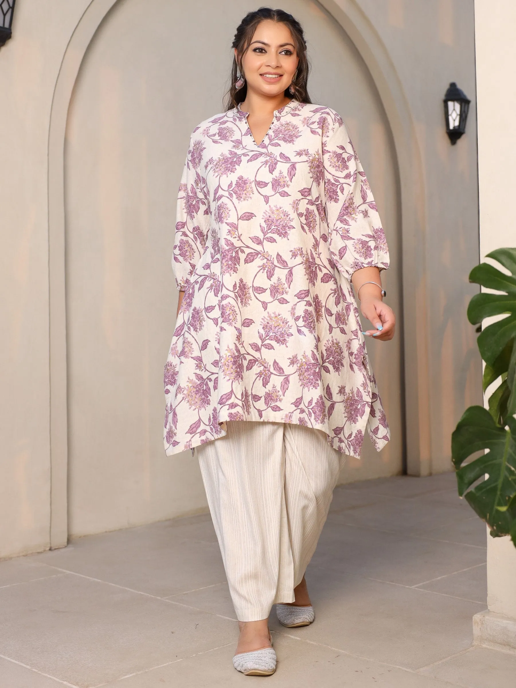 Juniper Lavender Floral Printed & Asymmetric Cotton Flex Plus Size Kurta With Beads & Sequins